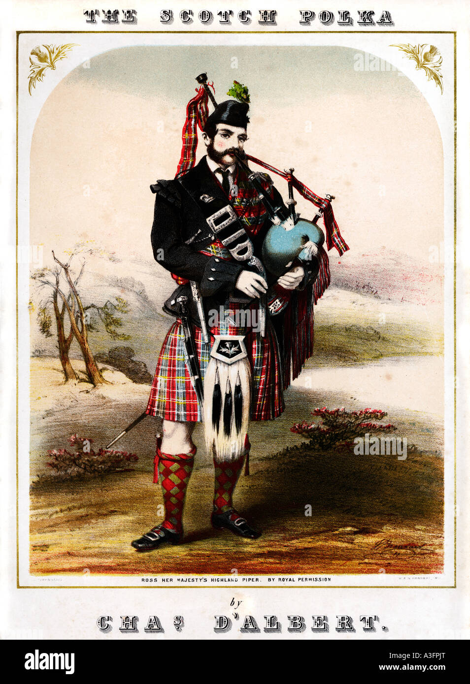 Das Scotch viktorianischen Polka Musik Blatt Cover zeigt ein Bild von Ross Her Majestys Highland piper Stockfoto