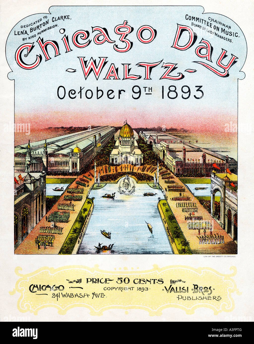 Chicago Tag Walzer 1893 Musik Blatt Abdeckung für einen Song auf der World Trade Fair und zeigt das Ausstellungsgelände Stockfoto