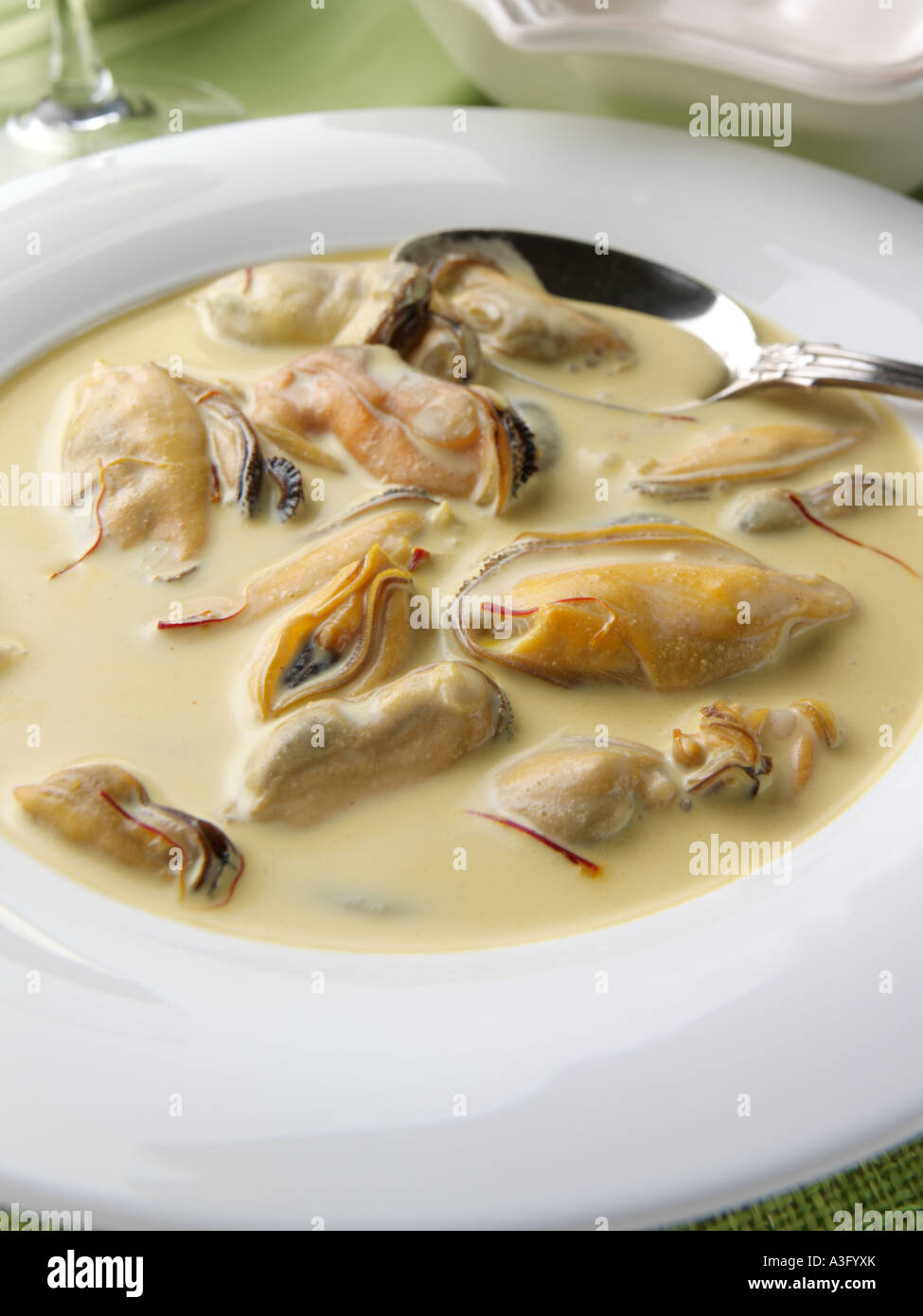 Eine Schüssel Suppe schottische Miesmuscheln Nahaufnahme redaktionelle Essen Stockfoto