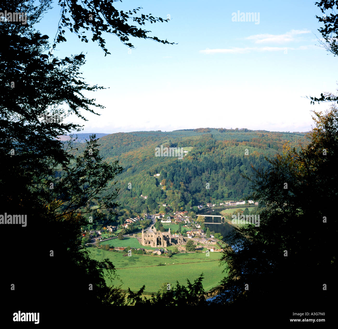 Tintern Abbey und Wye Valley aus der Teufel Kanzel Sicht Offas dyke Path Gloucestershire, England Stockfoto