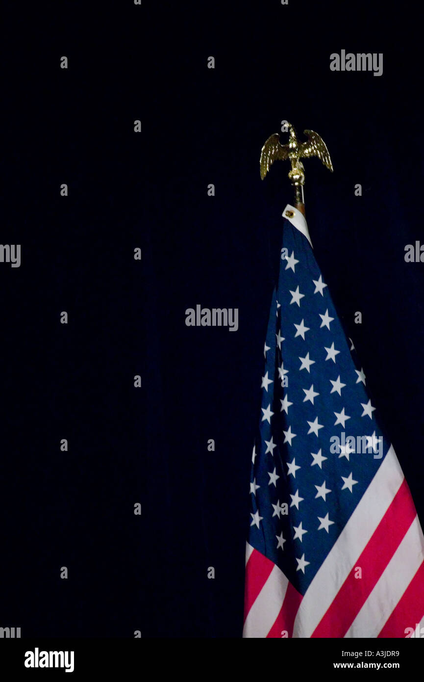 Ein Goldener Adler Steht Auf Eine Amerikanische Flagge Vor Einem Dunklen Hintergrund Stockfotografie Alamy