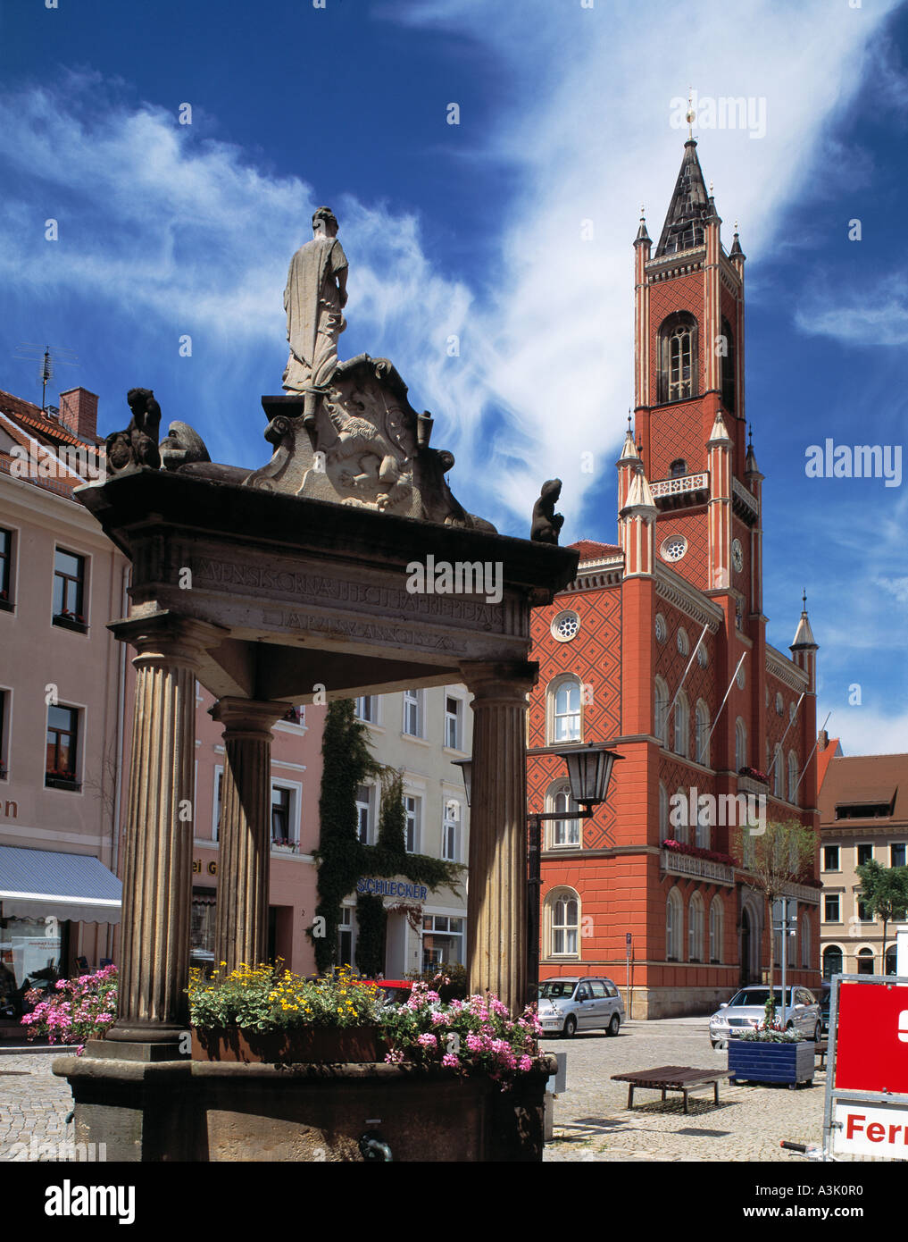 Marktplatz Mit Renaissancerathaus Und Andreasbrunnen in Kamenz, Oberlausitz Stockfoto