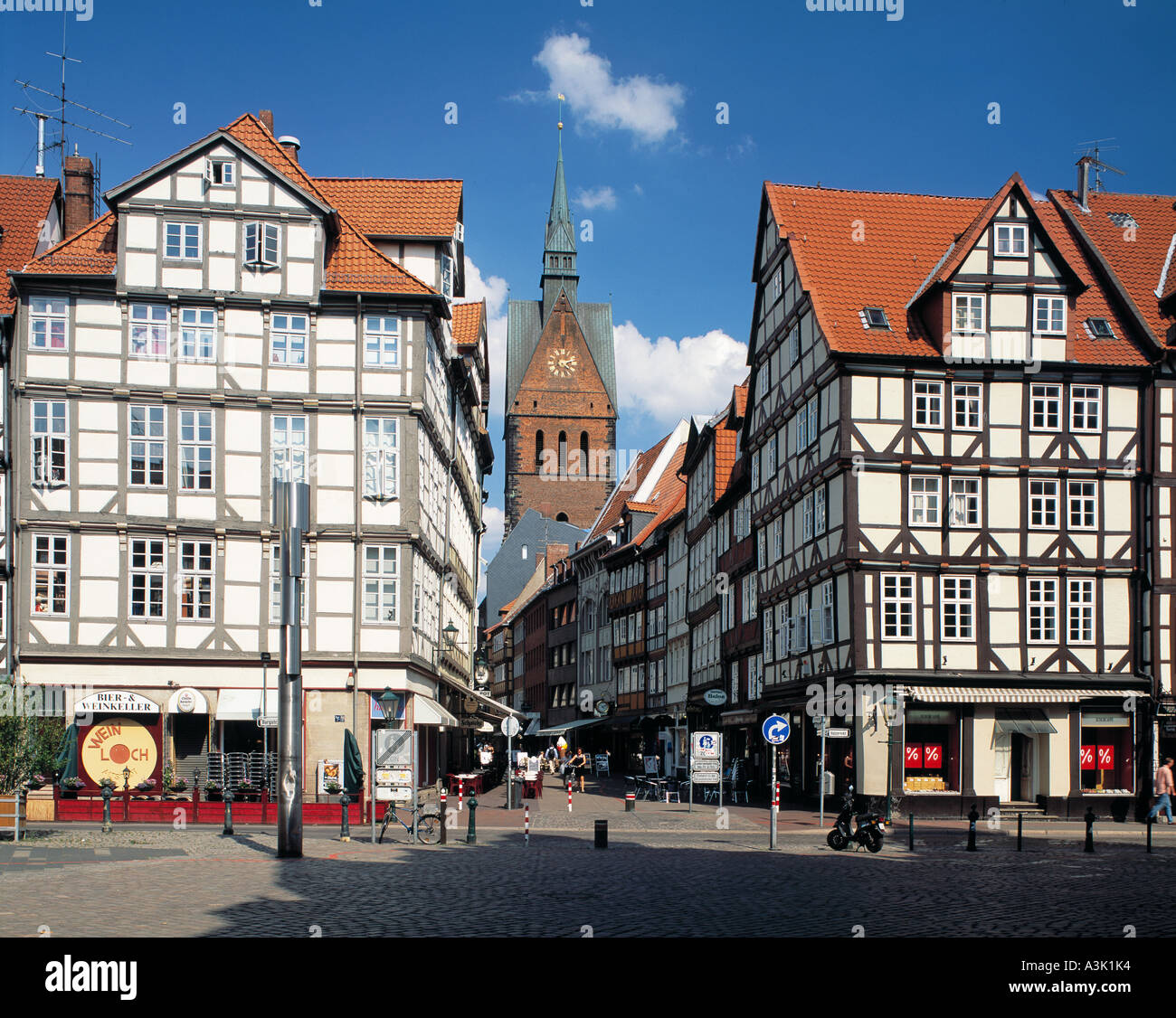 Marktkirche von Hannover Und Fachwerkhaeuser bin Holzmarkt, in der Burgstraße Und in der Kramerstrasse Stockfoto