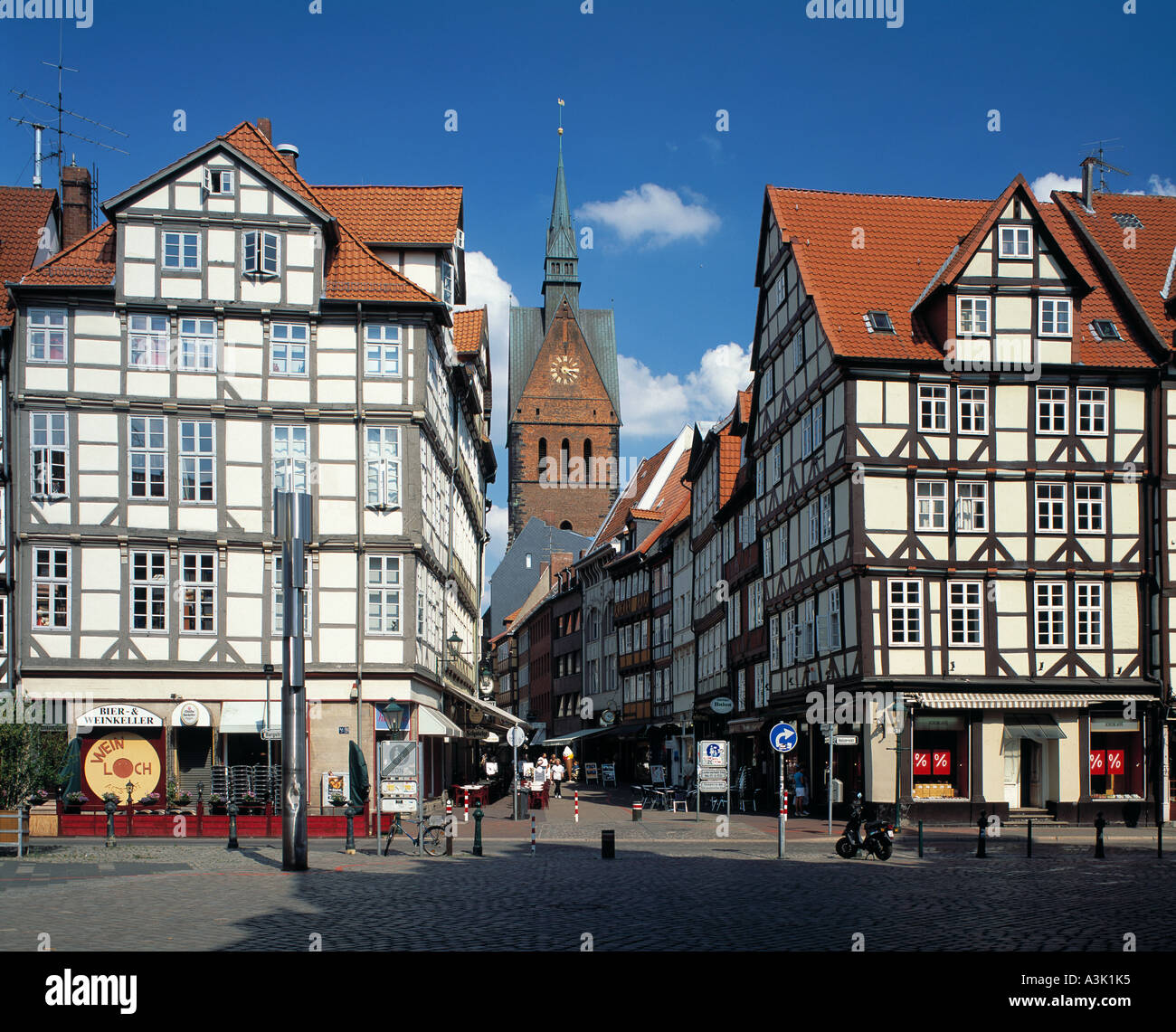 Marktkirche von Hannover Und Fachwerkhaeuser bin Holzmarkt, in der Burgstraße Und in der Kramerstrasse Stockfoto