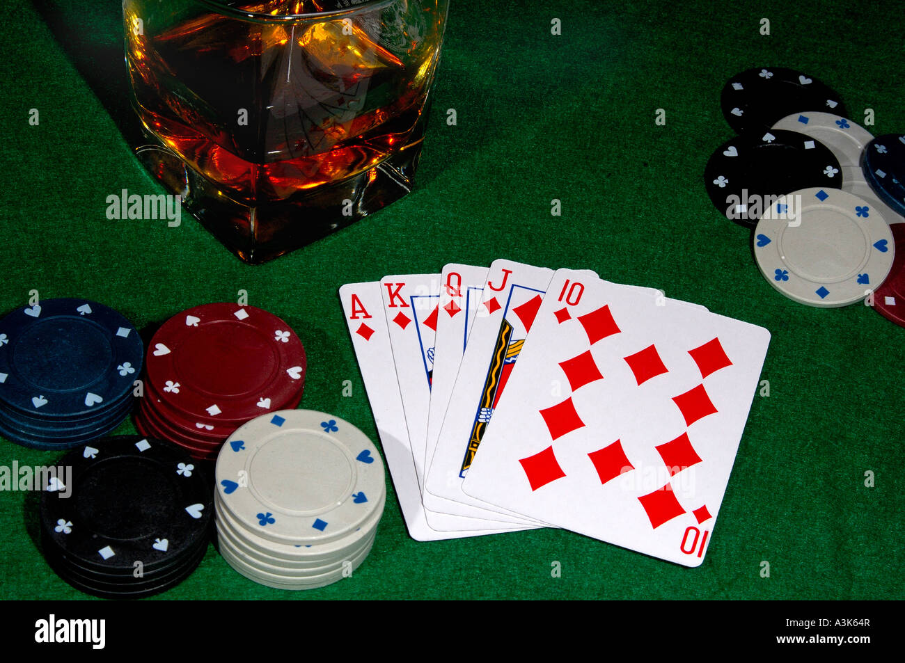 Poker-Karten zeigen einem Royal Flush mit Casino-Chips und ein Glas Whisky auf den Felsen aller grünen Filz Kartentisch Stockfoto