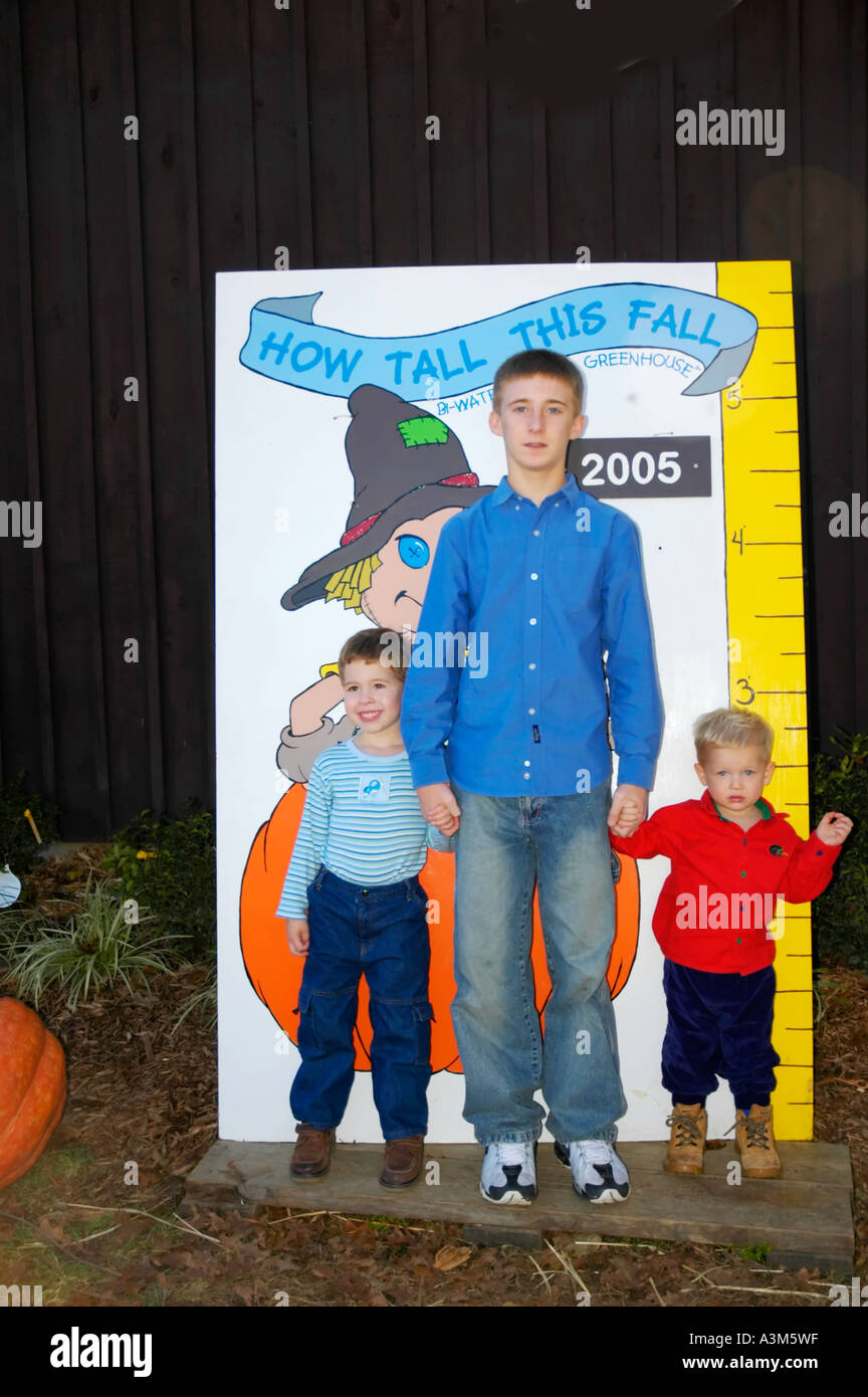 Drei junge Burschen im Herbst Bauernhof Event stehen vor einer Messung stehen, zu zeigen, wie groß sie sind Stockfoto
