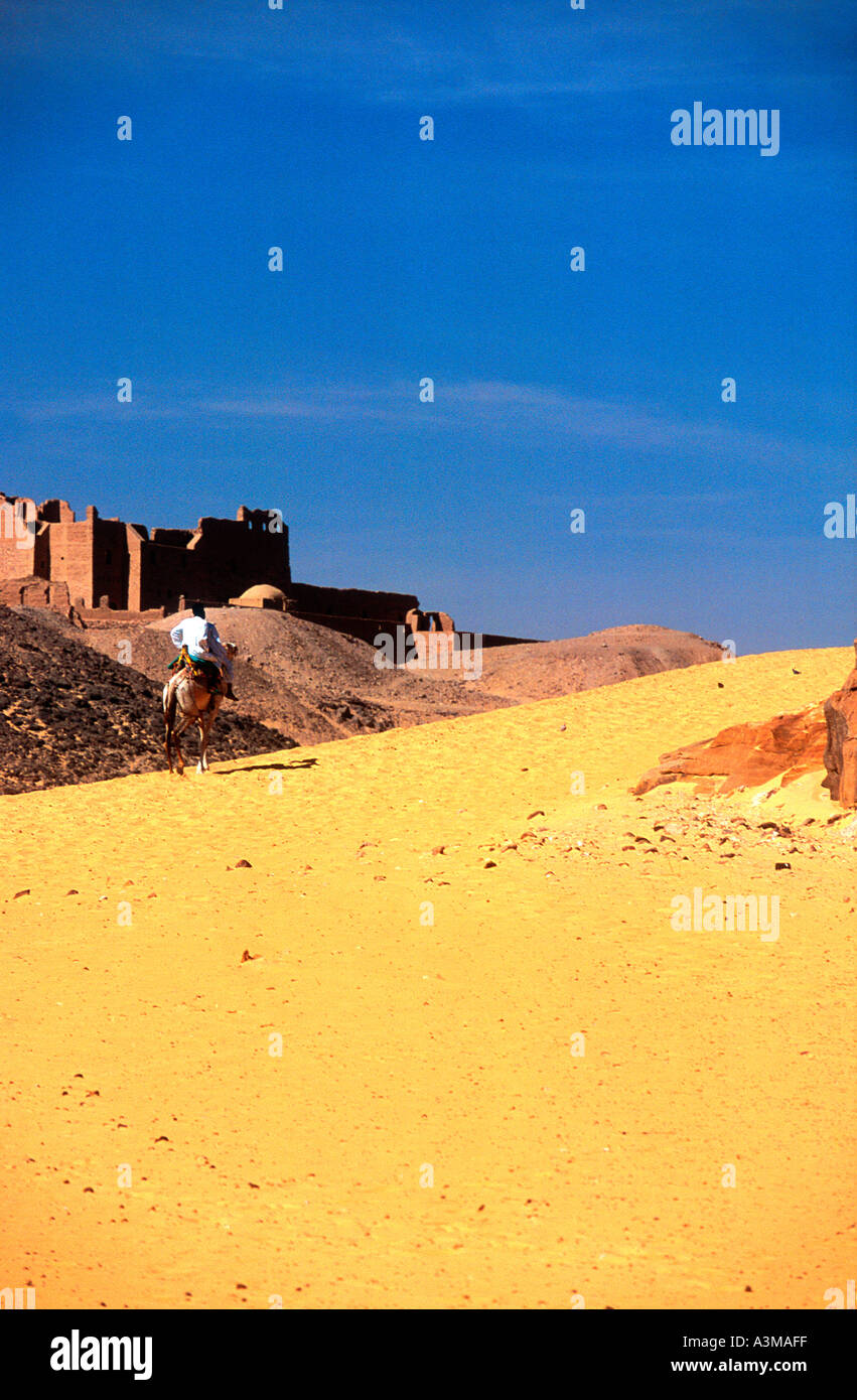 Mann reitet Kamel in Sanddünen am Rande der Sahara Wüste Ägypten Stockfoto