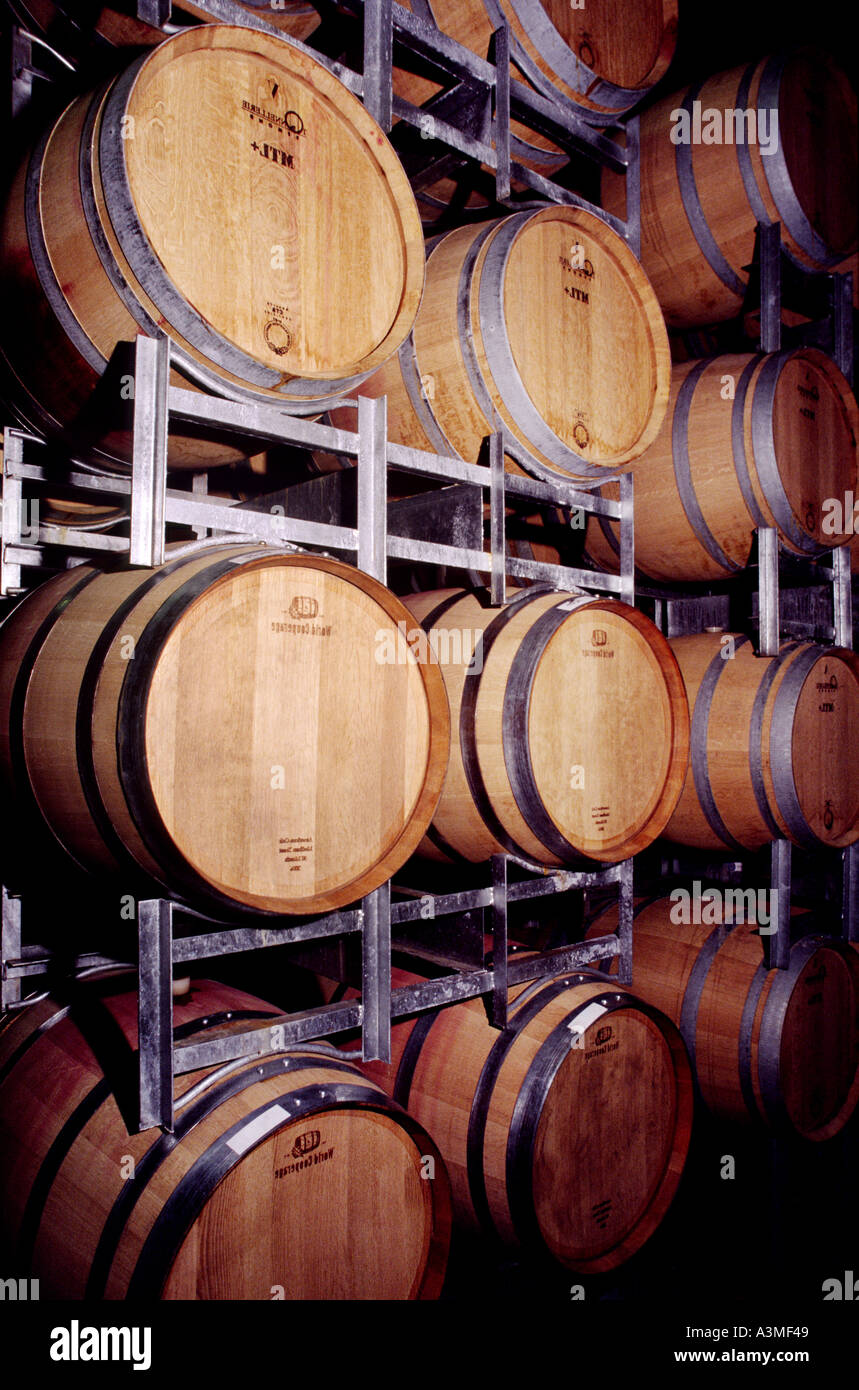 Große Eiche Holzfass in einem dunklen Keller in Reihen und Ebenen mit dem Altern Wein am Australian Wine Region Hunter Valley Stockfoto