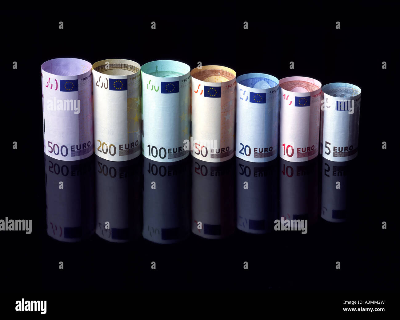 ROLLEN VON 7 VERSCHIEDENEN EURO-BANKNOTEN Stockfoto