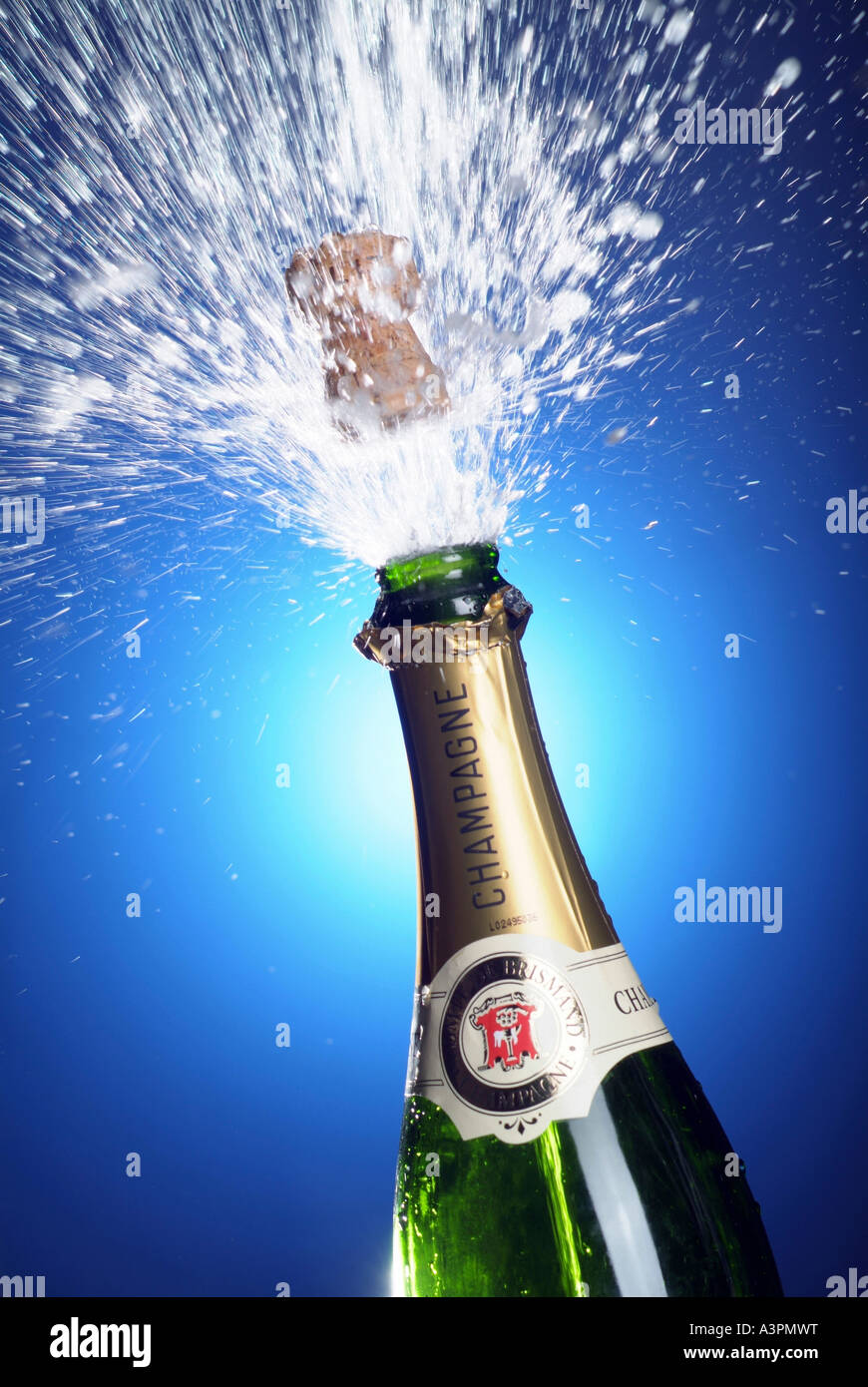 Korken aus einer Flasche Champagner Stockfoto