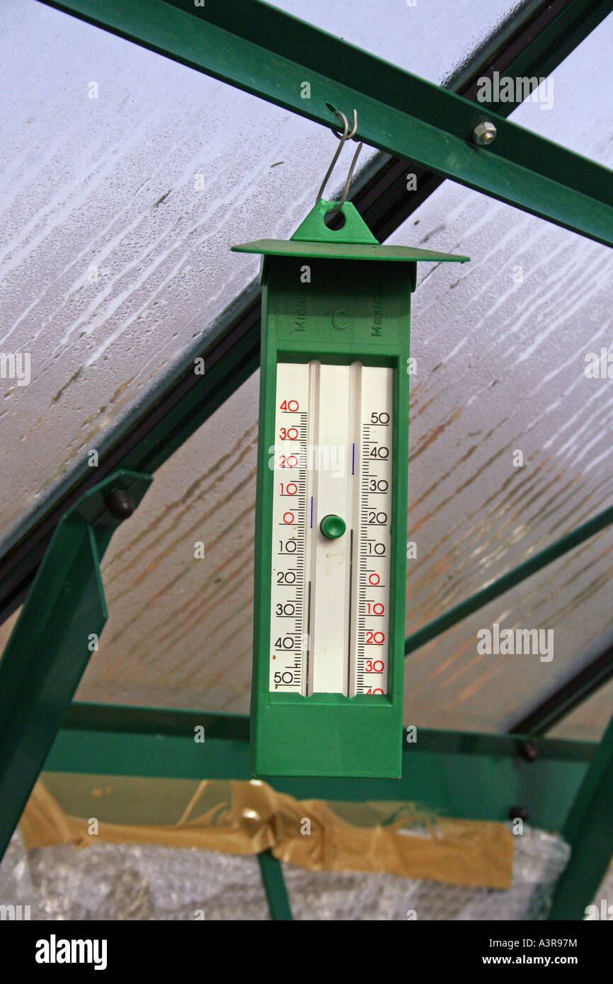 GARTENBAU. GEWÄCHSHAUS MINIMUM UND MAXIMUM-THERMOMETER. Stockfoto