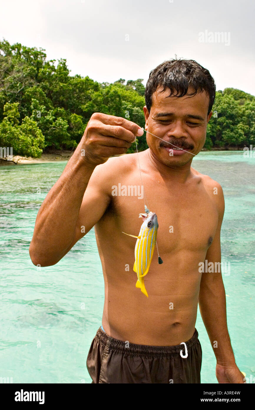 Mann mit blau gestreifte Schnapper (Lutjanus Kasmira), Sulawesi, Indonesien, Asien Stockfoto