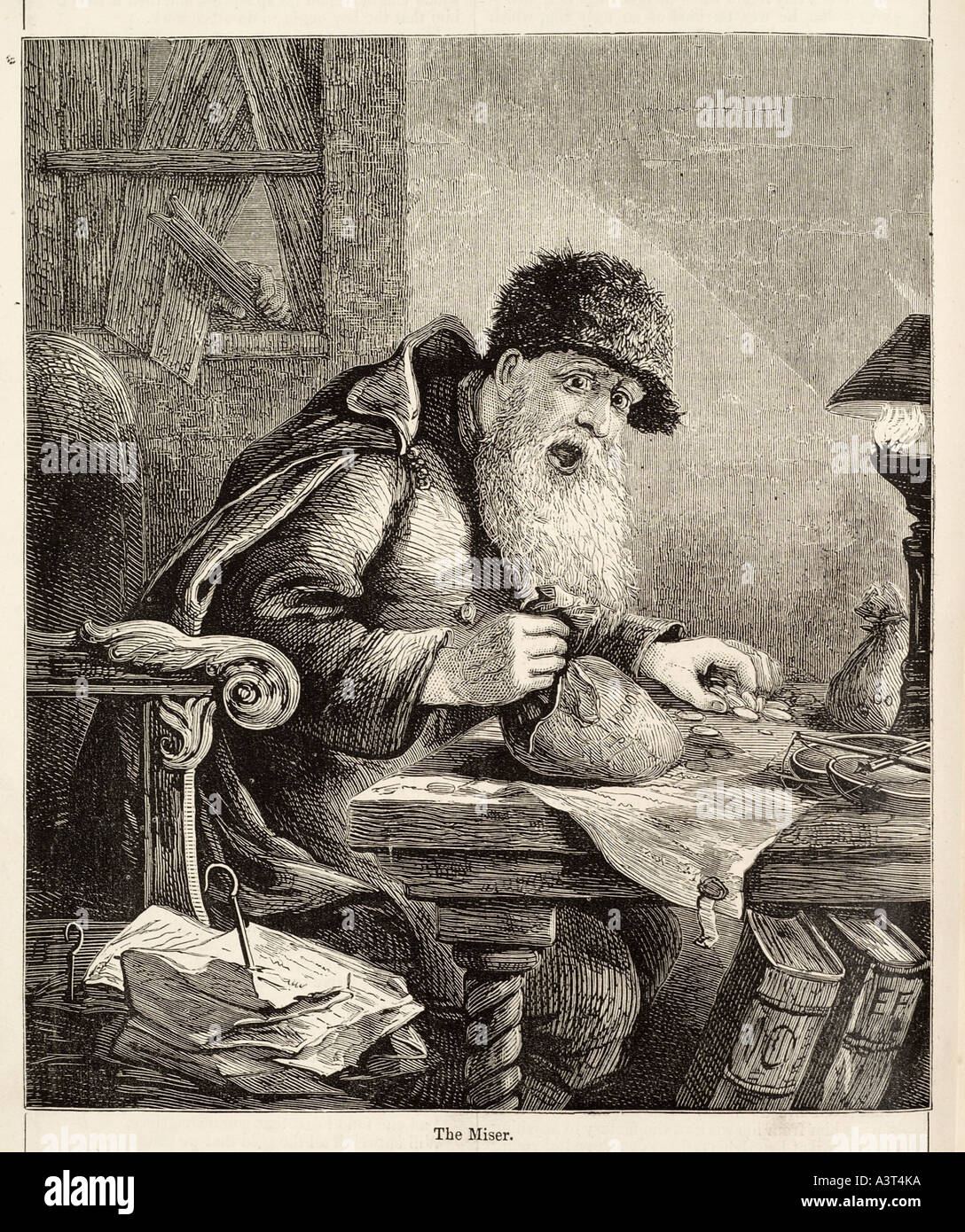 Geizhals Greis bedeuten Scrooge Bart saß sitzen Schreibtisch Graf vorsichtig eng mürrisch sparsamen Charakter Hut Stockfoto