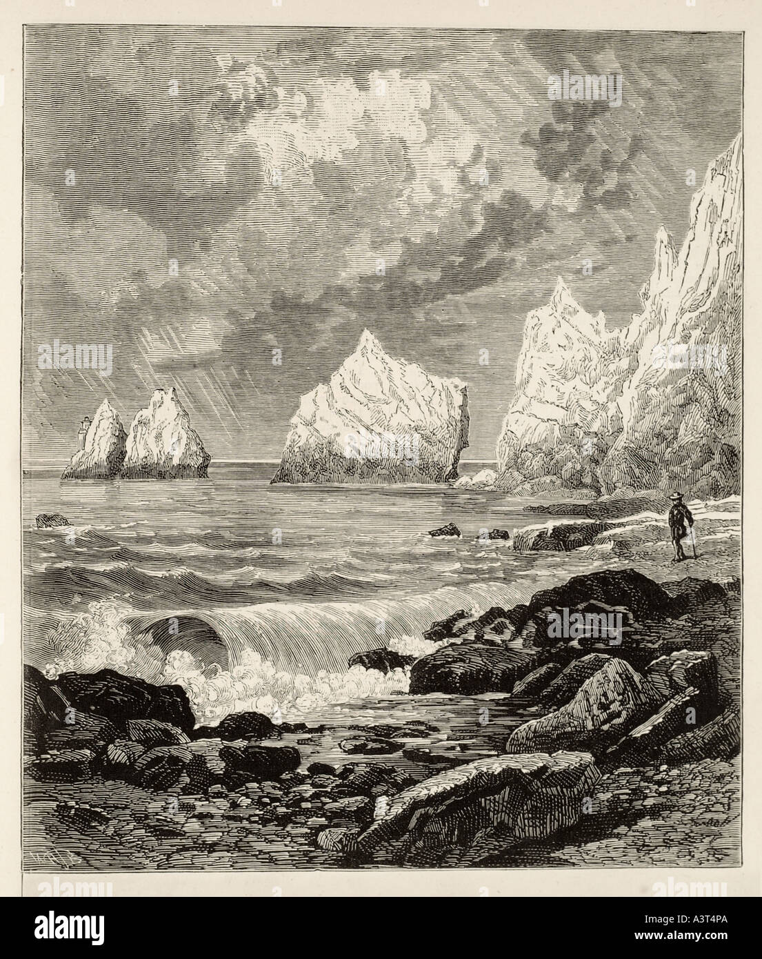 Nadeln Isle Wight Halbinsel weiße Kreide Feuerstein Kalkstein West Tipp Erosion Klippe Gefahr Küste reisen Rock marine Nautik-maritim Stockfoto