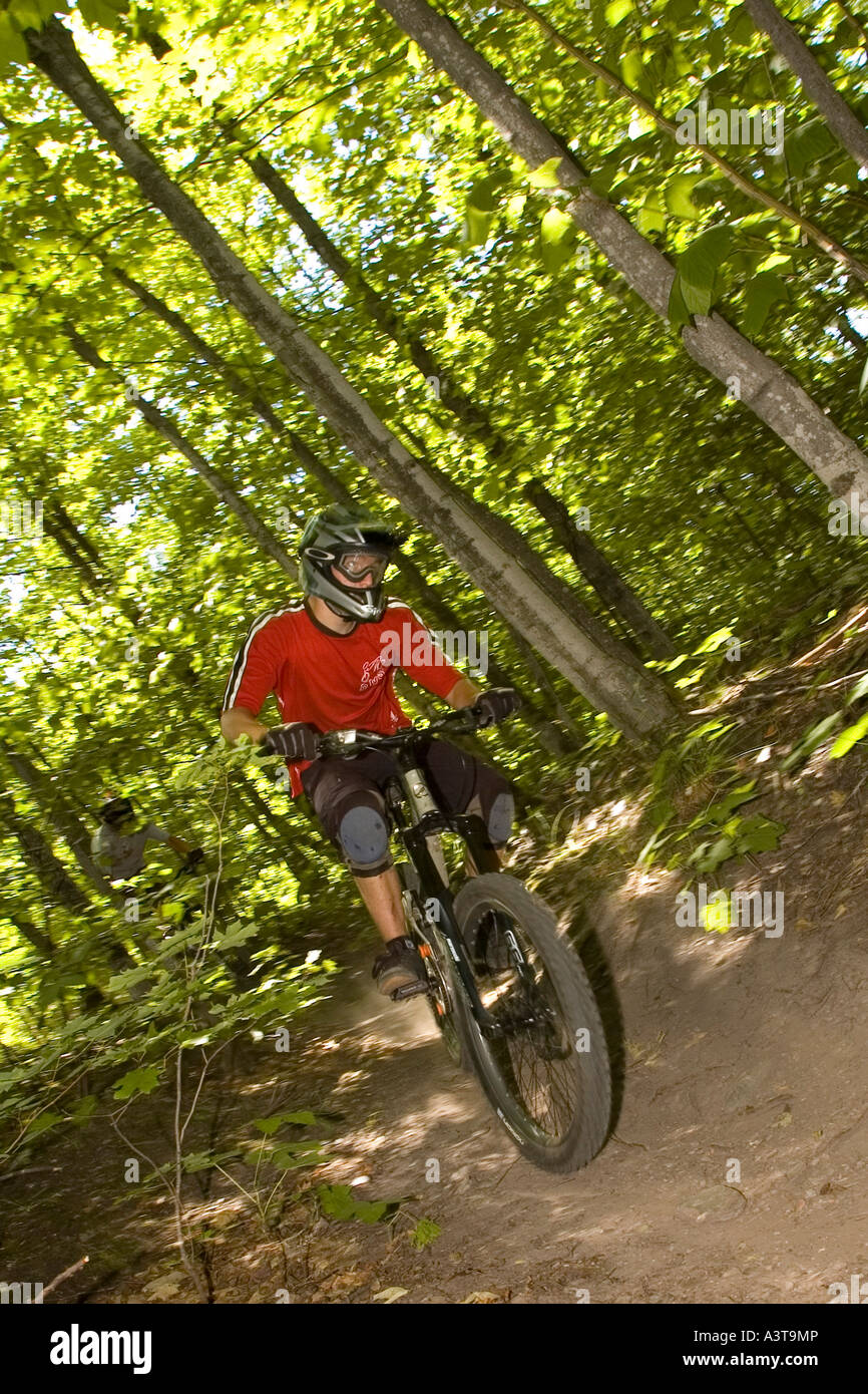 Ein Mountainbiker navigiert einen bewaldeten Pfad beim Freeriden in der Nähe von Marquette, Michigan Stockfoto