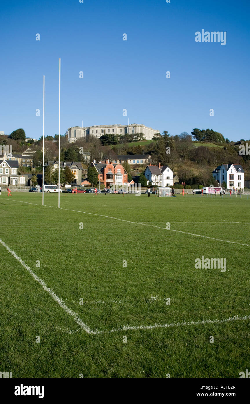 Universität Rugby-Stellplatz Sportplatz und Nationalbibliothek von Wales, aberystwyth Stockfoto