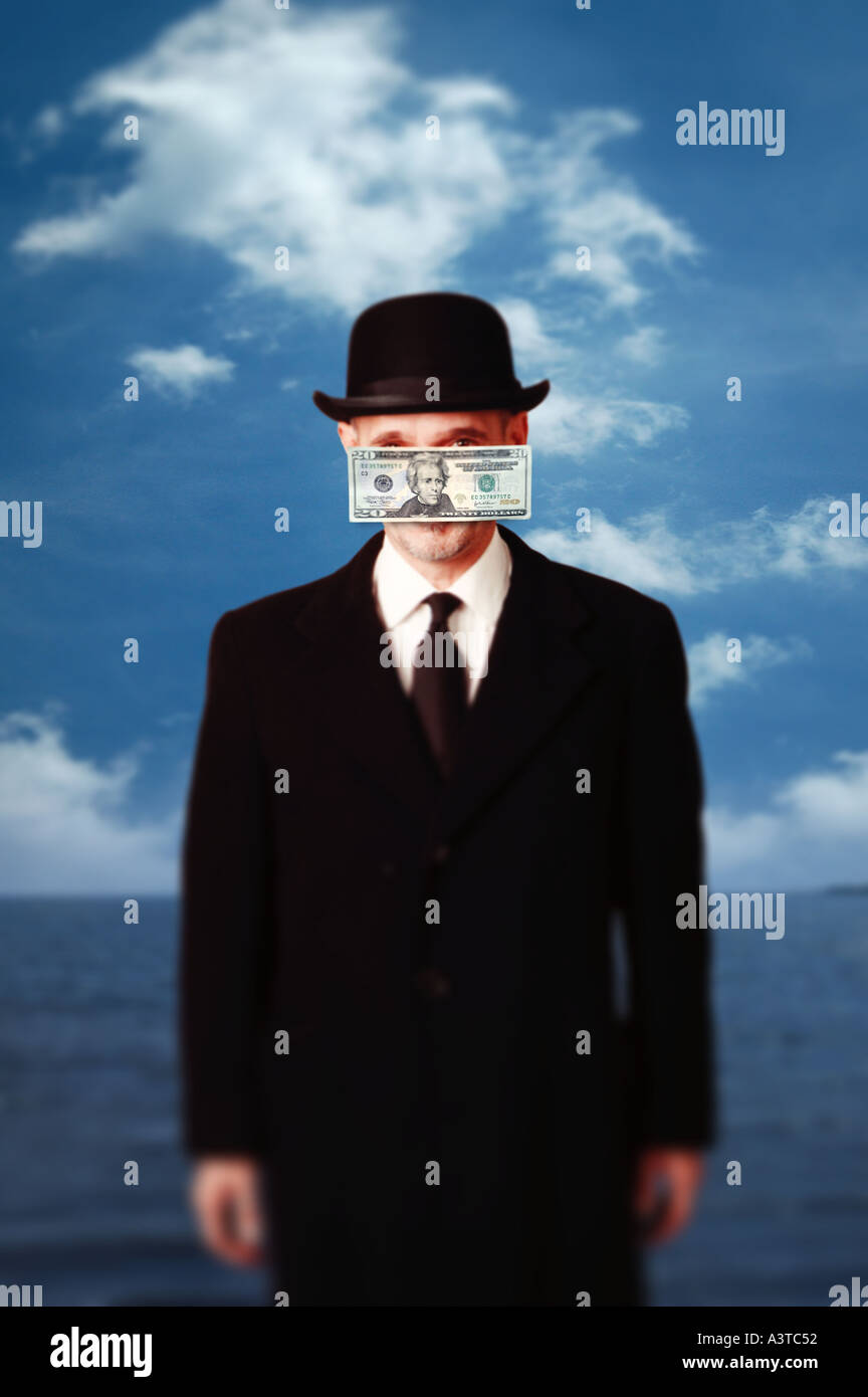 Business-Konzept Mann mit Bowler-Hut und Business-Anzug mit Geld vor Gesicht Hommage an Rene Magritte Malerei Stockfoto