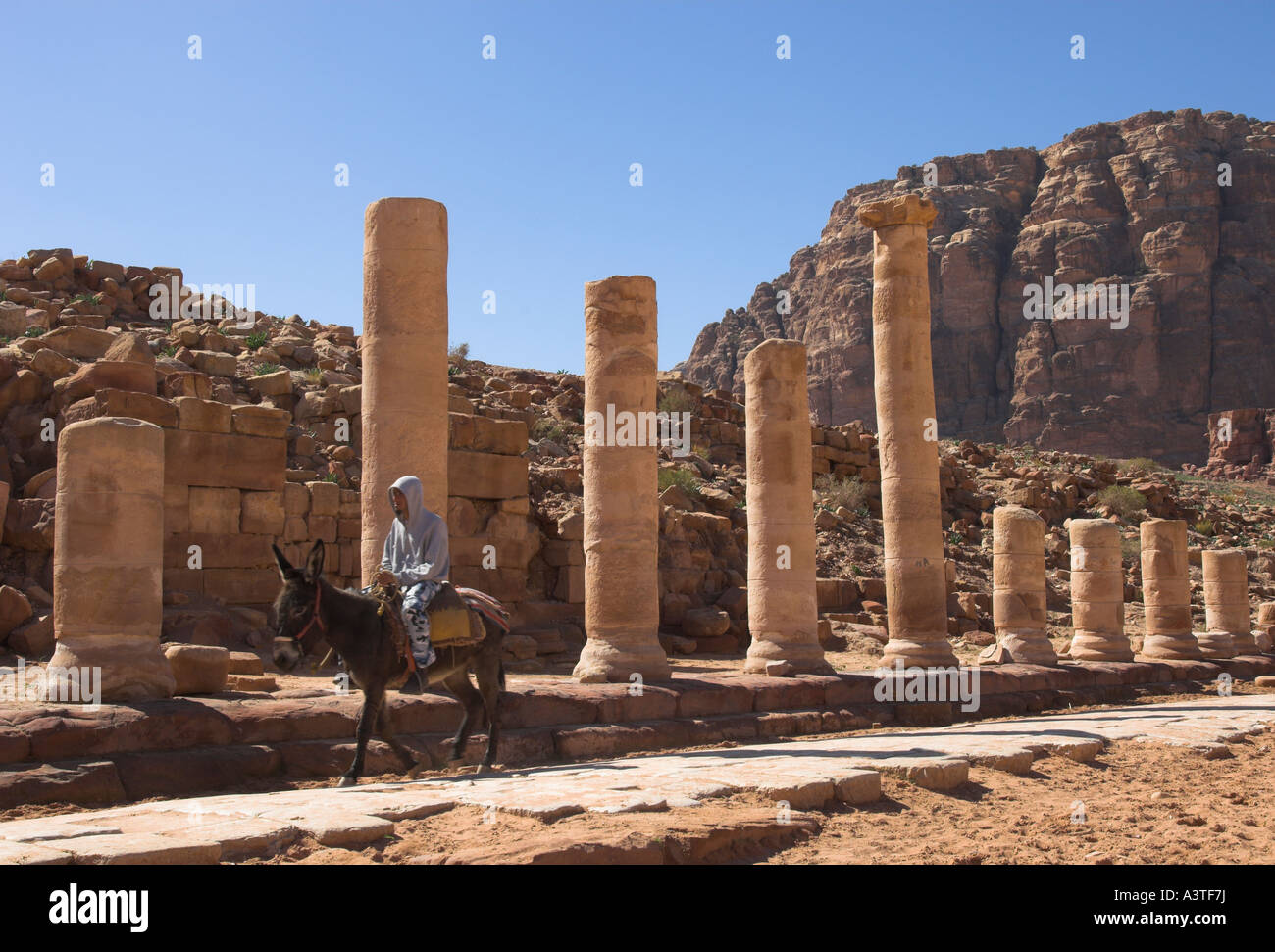 Jordan Petra archäologische Stätte Cardo Maximun Kolonnaden Straßenansicht mit Beduinen auf eine Dunkey vorbei an einigen Spalten Stockfoto