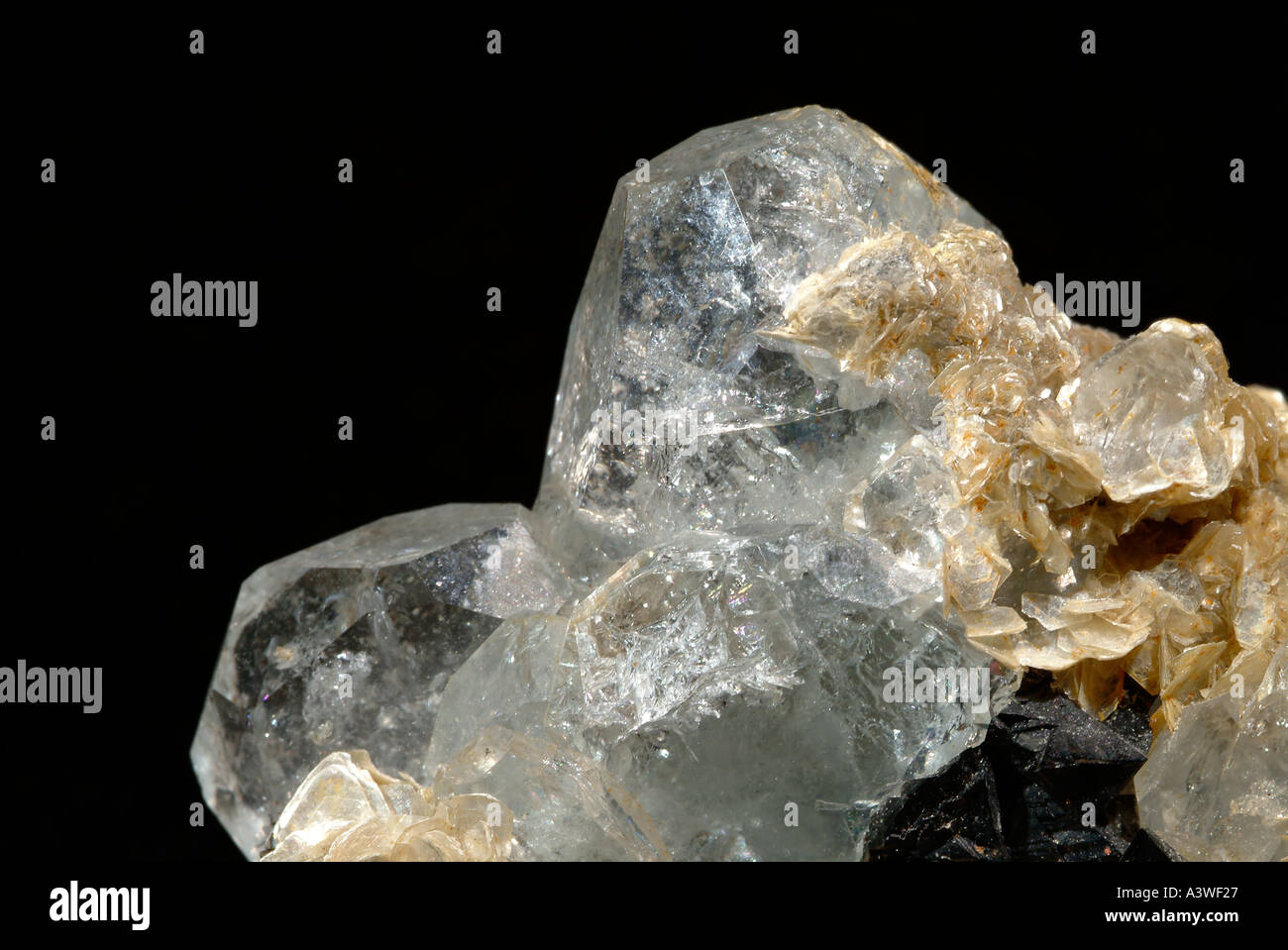 Mineral Beryll, Aquamarin, Varient Zinnstein mit tabellarischen Beryl, Muskovit und Albit, Xue Bao Ding, Ping Wu, Provinz Sichuan, China Stockfoto