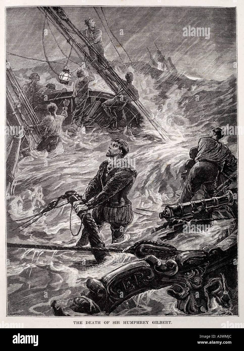 Humphrey Gilbert Waschbecken gehen mit Schiff Verlust Wrack Flut Gründer Sturm Sturm halten beten ertrinken Segel Schiff Boot schwimmt Deck maritim Stockfoto