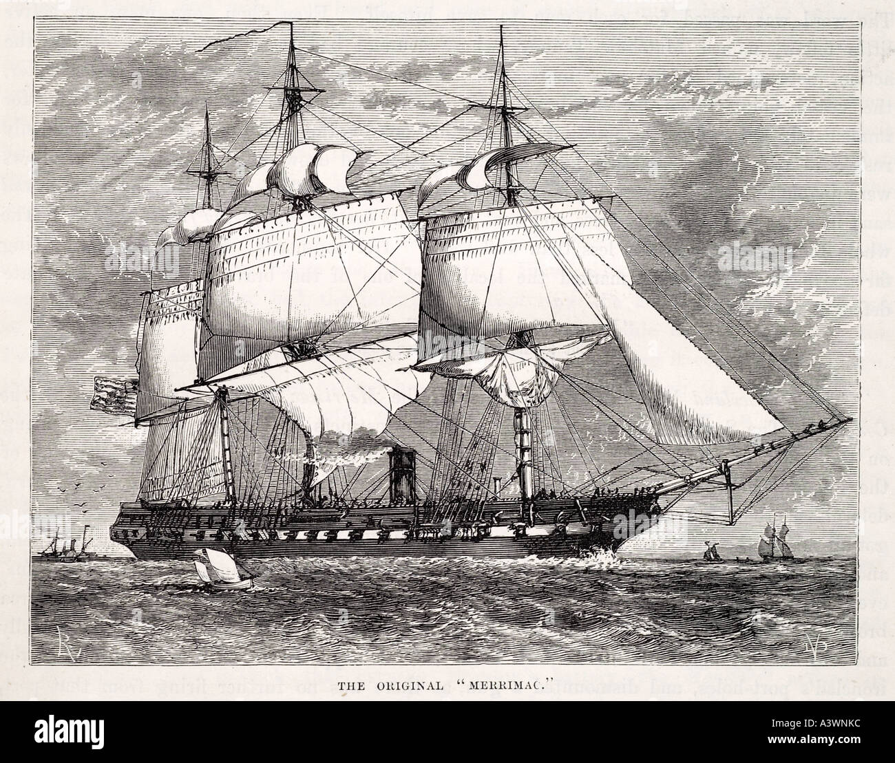 Merrimac Fregatte vor vor Umstellung auf Eisen gekleidet Konföderierten Krieg Segel Mast Dampf Dampfer Schiff Marine USA Bürgerkrieg marine marit Stockfoto