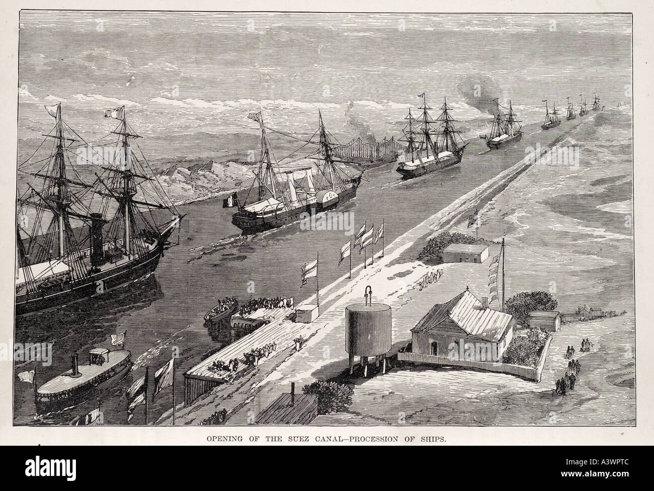 Suez Kanal offen Eröffnungsfeier 1869 Prozession Dampf Dampfer Segel Schiff Boot Wasserweg Naher Osten Ägypten Transport Reisen Zivil- Stockfoto
