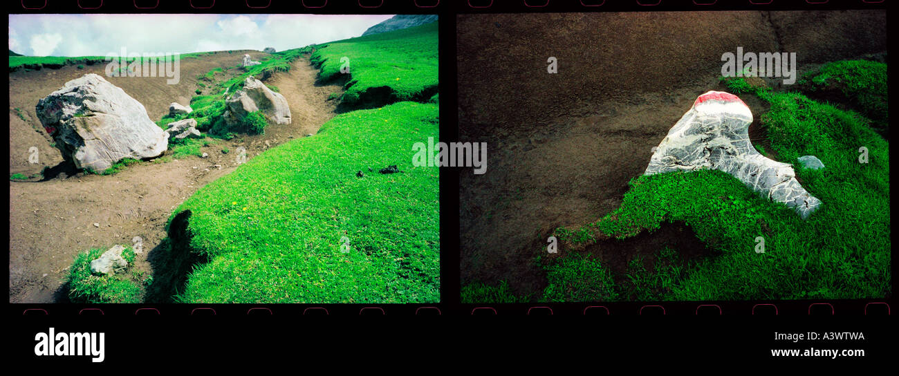 Durchgang, Twin-Image, Kleine Scheidegg, Schweiz. Atmosphärischen Doppel-Snap Bild mit absichtlichen sichtbare Filmkorn. Stockfoto