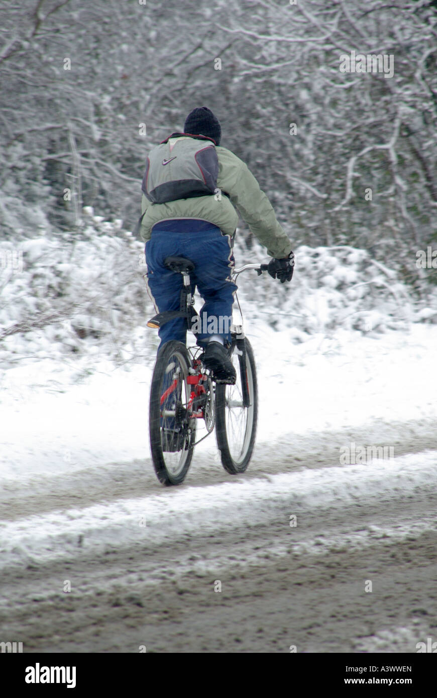 Rückansicht der Radfahrer reiten Fahrrad auf schneebedeckten eisigen Landstraße Essex England Großbritannien Stockfoto