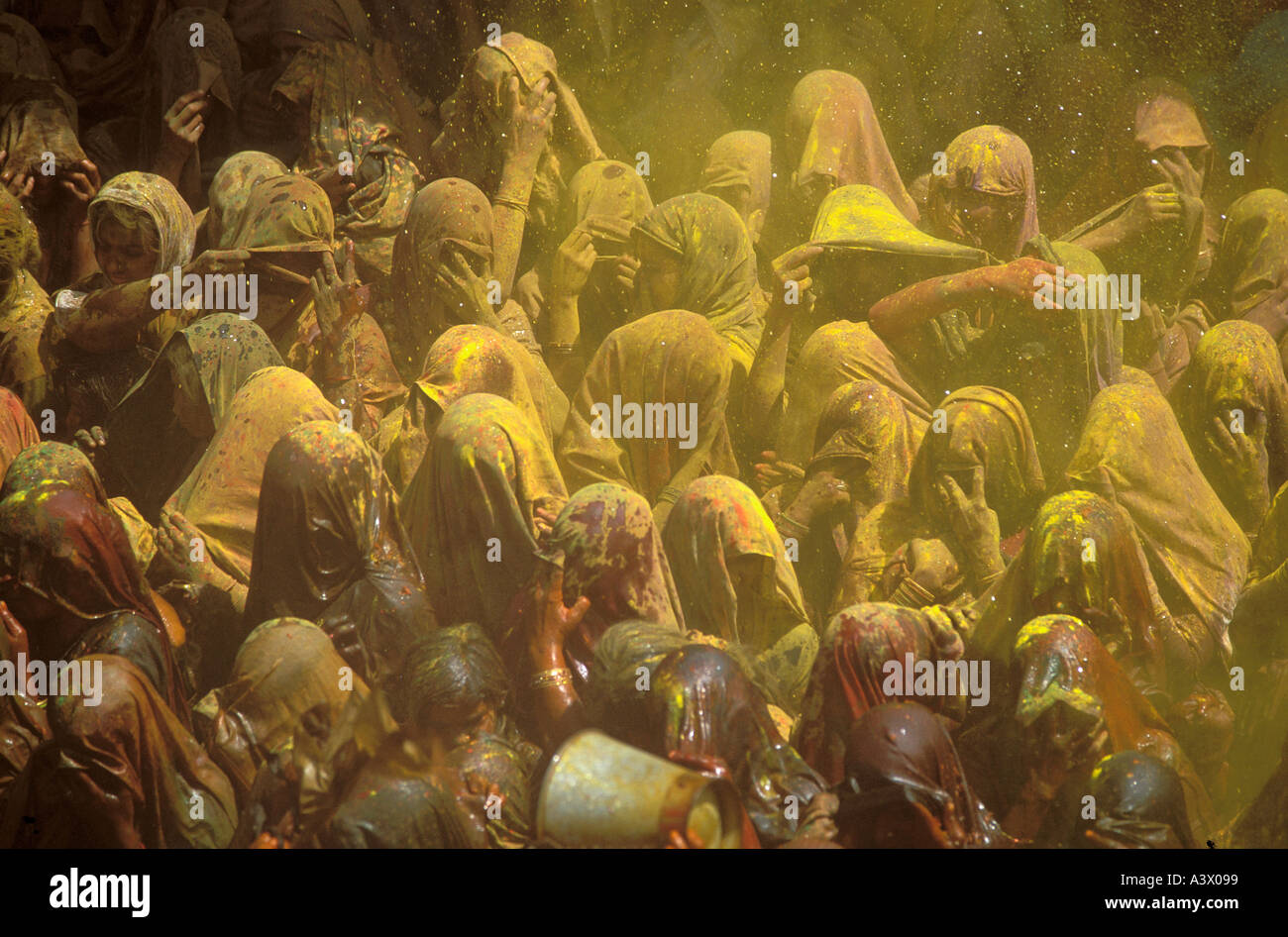Indien Uttar Pradesh Baldeo Holi-Fest gefeiert in Baldeo im Baleram Tempel benannt nach Abschluss der ältere Bruder von Krishna Männer und Frauen alle berauscht zu, in großer Zahl sammeln, Holi A rasenden auspannen in der Luft bei der Samaj im Inneren des Tempels liegt zu spielen auf dem Hof in entfesselt die unverfälschte Kraft von Radha s macht A Flut von gefärbtem Wasser ergießt sich in den Tempel und spritzt und spritzt überall die gesättigten Frauen Tear-off die durchweichten Hemden der Männer und dann schlugen sie mit ihren Wünschen Stockfoto