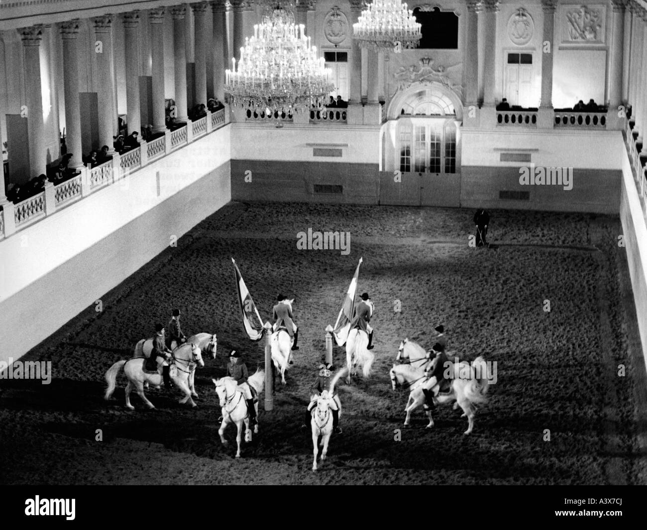 Geographie/Reise, Österreich, Wien, Gebäude, Spanische Hofreitschule, Lippizaner und Reiter, 1960er Jahre, Stockfoto