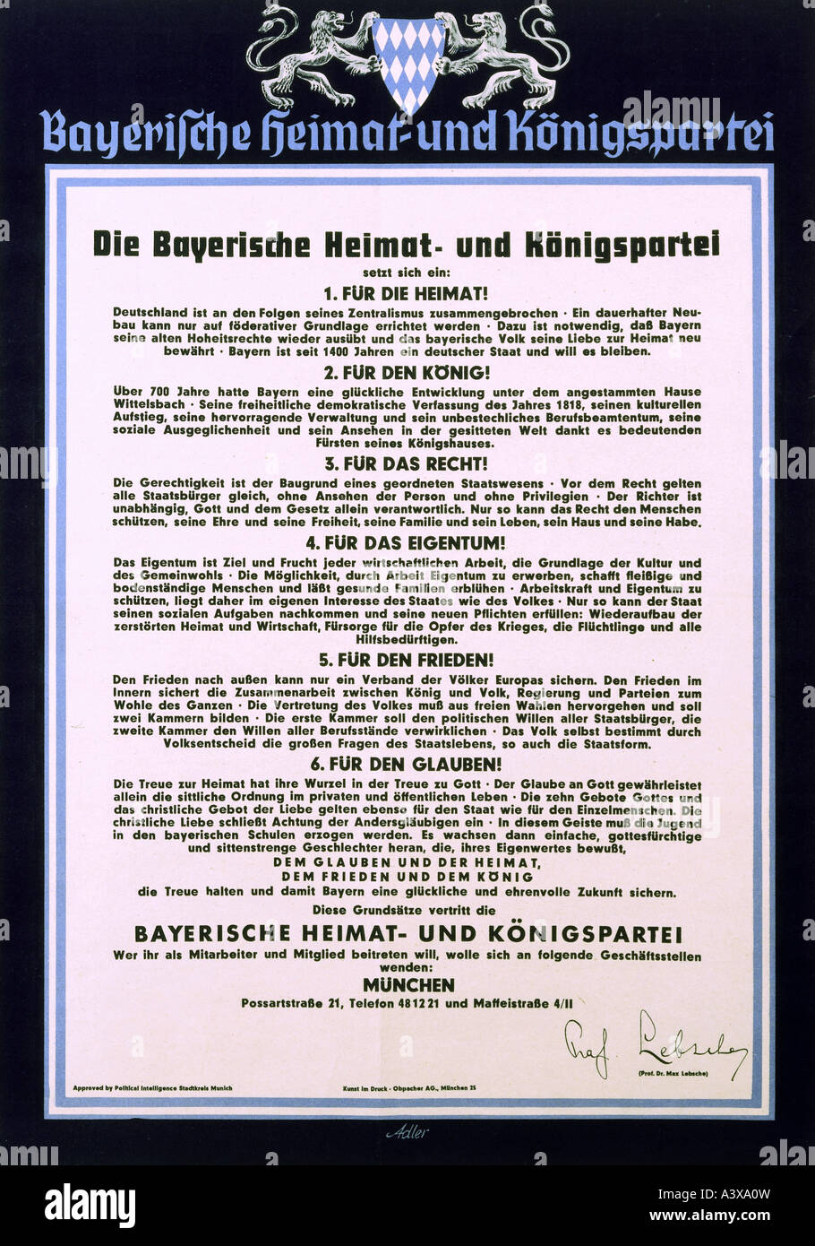 Geografie/Reisen, Deutschland, Politik, Parteien, Bayerische Heimat- und Königspartei, Agenda, Monarchisten, Konservative, Bayern, Nachkriegsära, 20. Jahrhundert, historisch, historisch, vierziger Jahre, Stockfoto