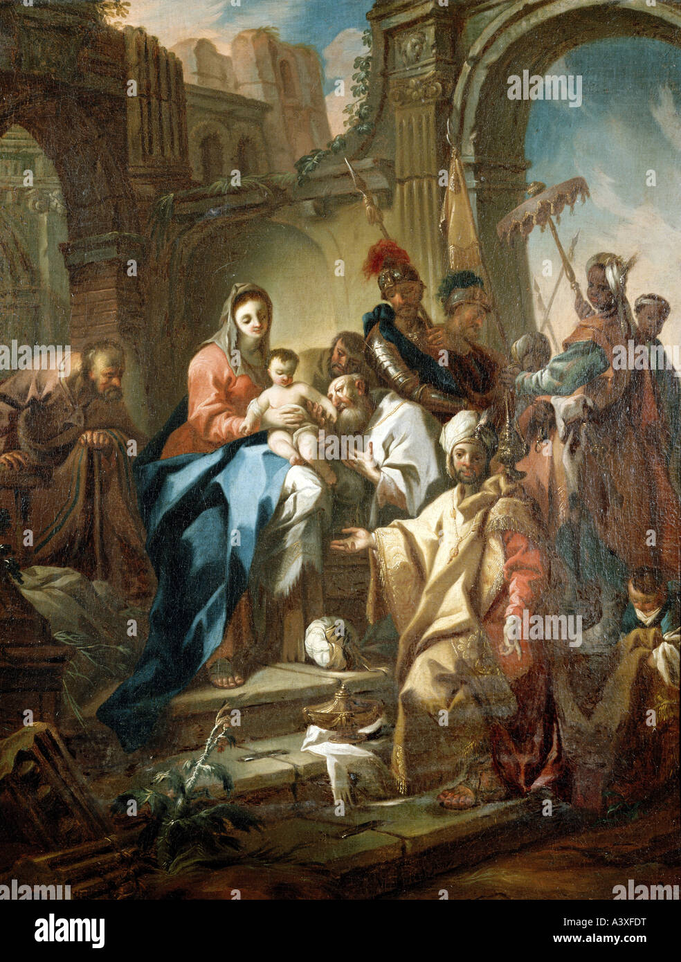Bildende Kunst, sakrale Kunst, Jesu Christi, Anbetung der Könige, Gemälde von Franz Anton Maulbertsch, um 1750, Öl auf Leinwand, L Stockfoto