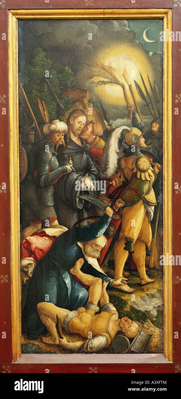 Bildende Kunst, sakrale Kunst, Altäre, Wildenstein Altar, Meister von Meßkirch, 1536, rechter Flügel, 71 cm x 390,6 cm, Inhaftierung von Stockfoto