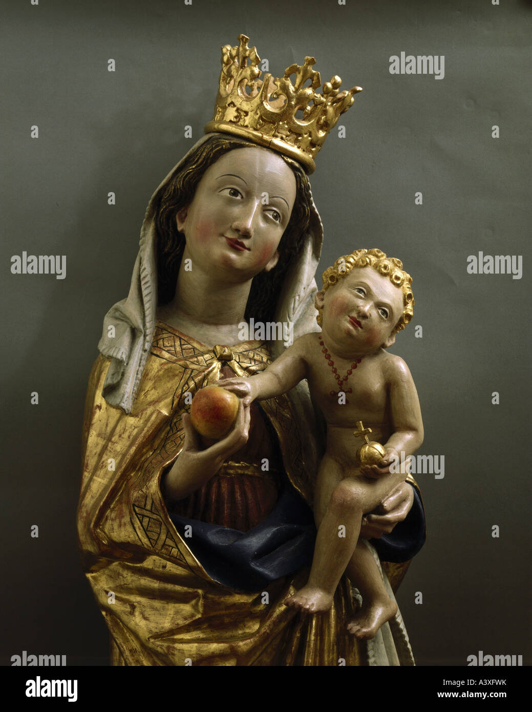 Bildende Kunst, religiöse Kunst, Saint Mary, Madonna mit Kind, Skulptur, Holz, Mitte des 15. Jahrhunderts, Pfarrkirche Sankt Gangolf, Wolpertwende, Stockfoto