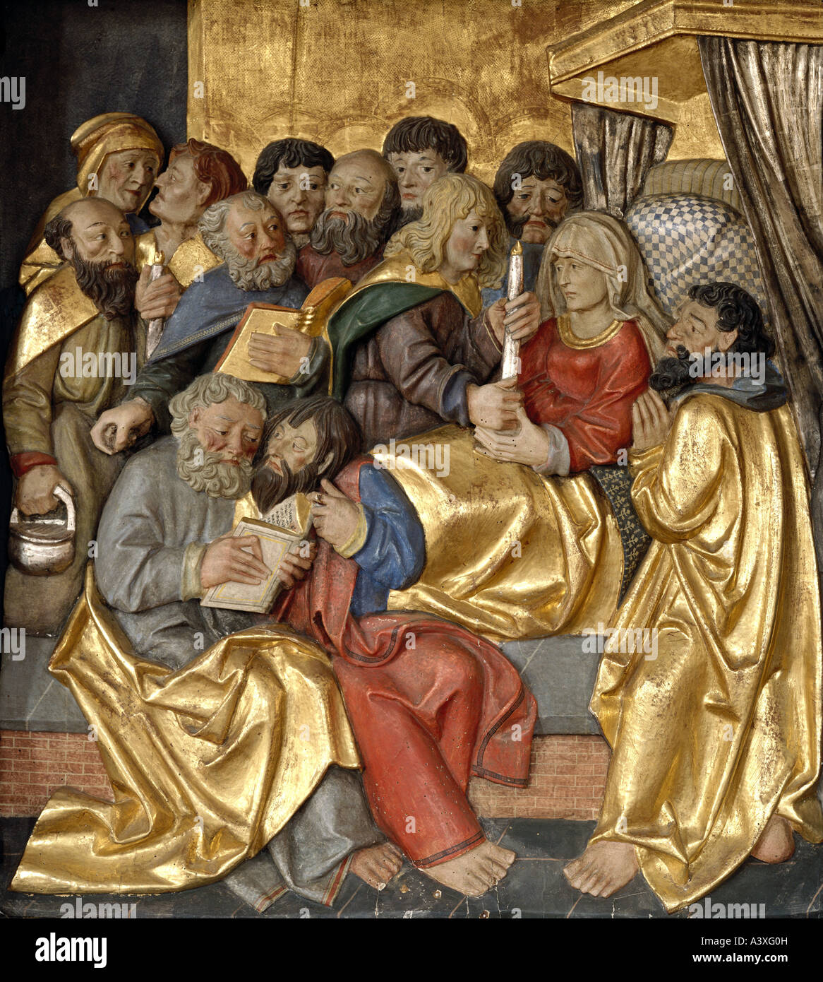 Bildende Kunst, sakrale Kunst, Saint Mary, Tod, Carving, Holz, Ende 15. Jahrhundert, Dorfkirche Ratzenried, Baden-Württemberg, Eur Stockfoto