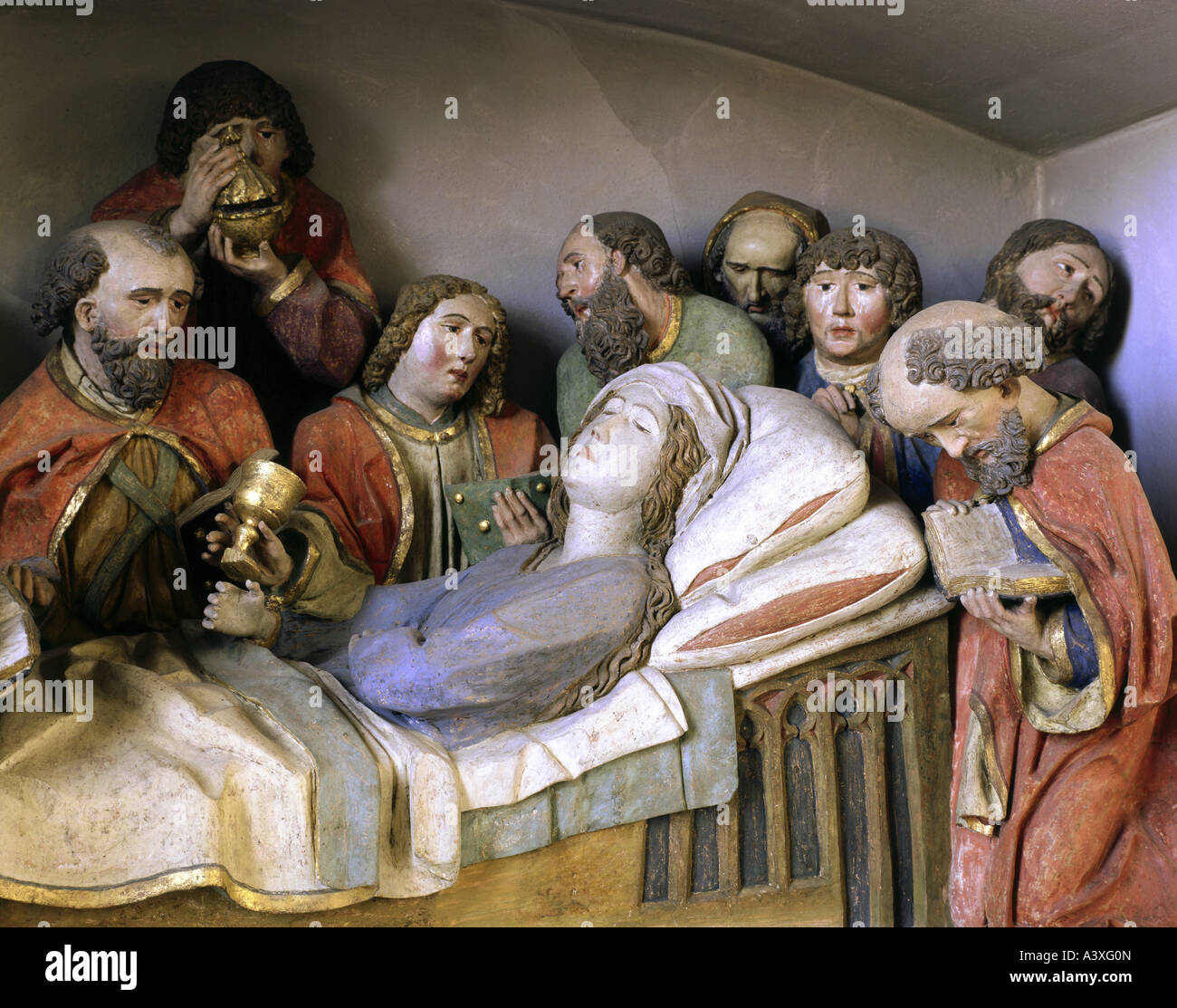 Bildende Kunst, sakrale Kunst, Saint Mary, Tod, carving, Holz, ca. 15. Jahrhundert Amtzell Pfarrei Kirche, Baden-Württemberg, Sculp Stockfoto