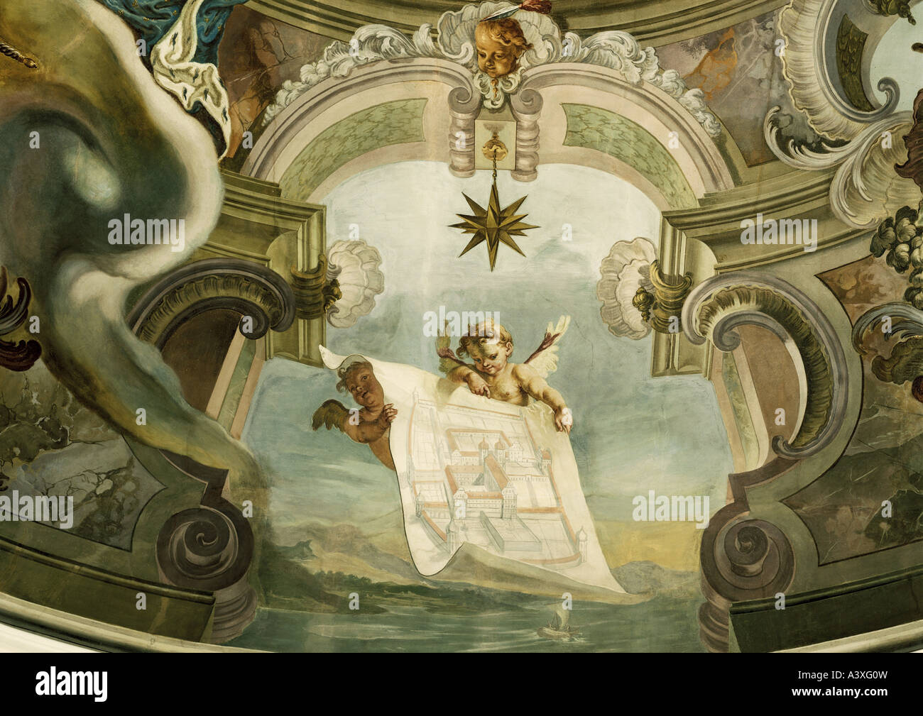 Bildende Kunst, Göz, Gottfried Bernhard, (1708 – 1774), Malerei, Putti mit Plan von Schloss Hofen, Decke, malen, 1747, Rezeption Stockfoto