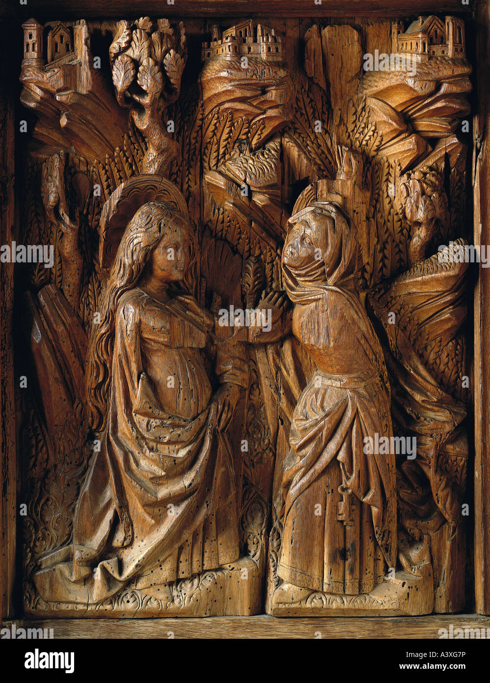Bildende Kunst, sakrale Kunst, Saint Mary, Heimsuchung, Schnitzen von Heinrich Iselin und Simon Haider, Nussbaumholz, ca. 1470, Kirche von O Stockfoto
