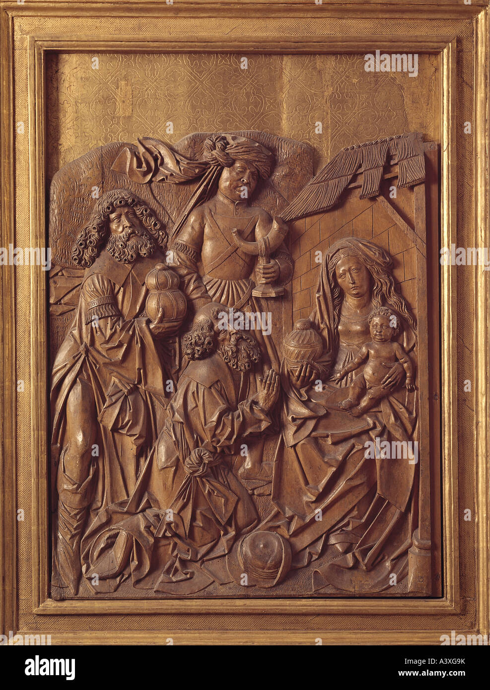 Bildende Kunst, Riemenschneider, Tilman (ca. 1460-1531), die Anbetung der drei Könige, Relief, Holz, Main Franken Museum, W Stockfoto