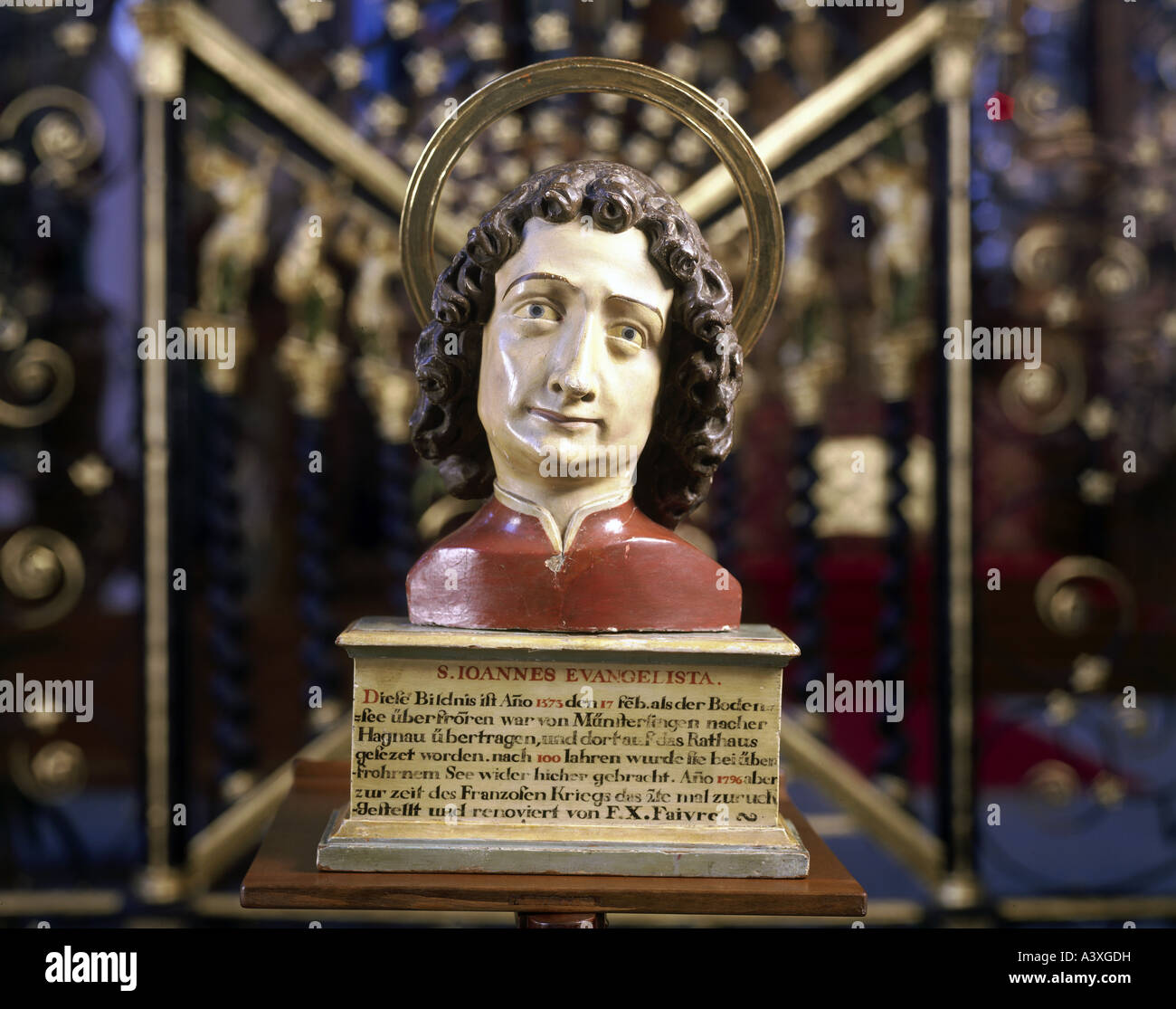 Bildende Kunst, sakrale Kunst, Heilige, Saint John, Büste Johannes der Evangelist, Skulptur, 14. - 15. Jahrhundert Holz, unseren Stockfoto