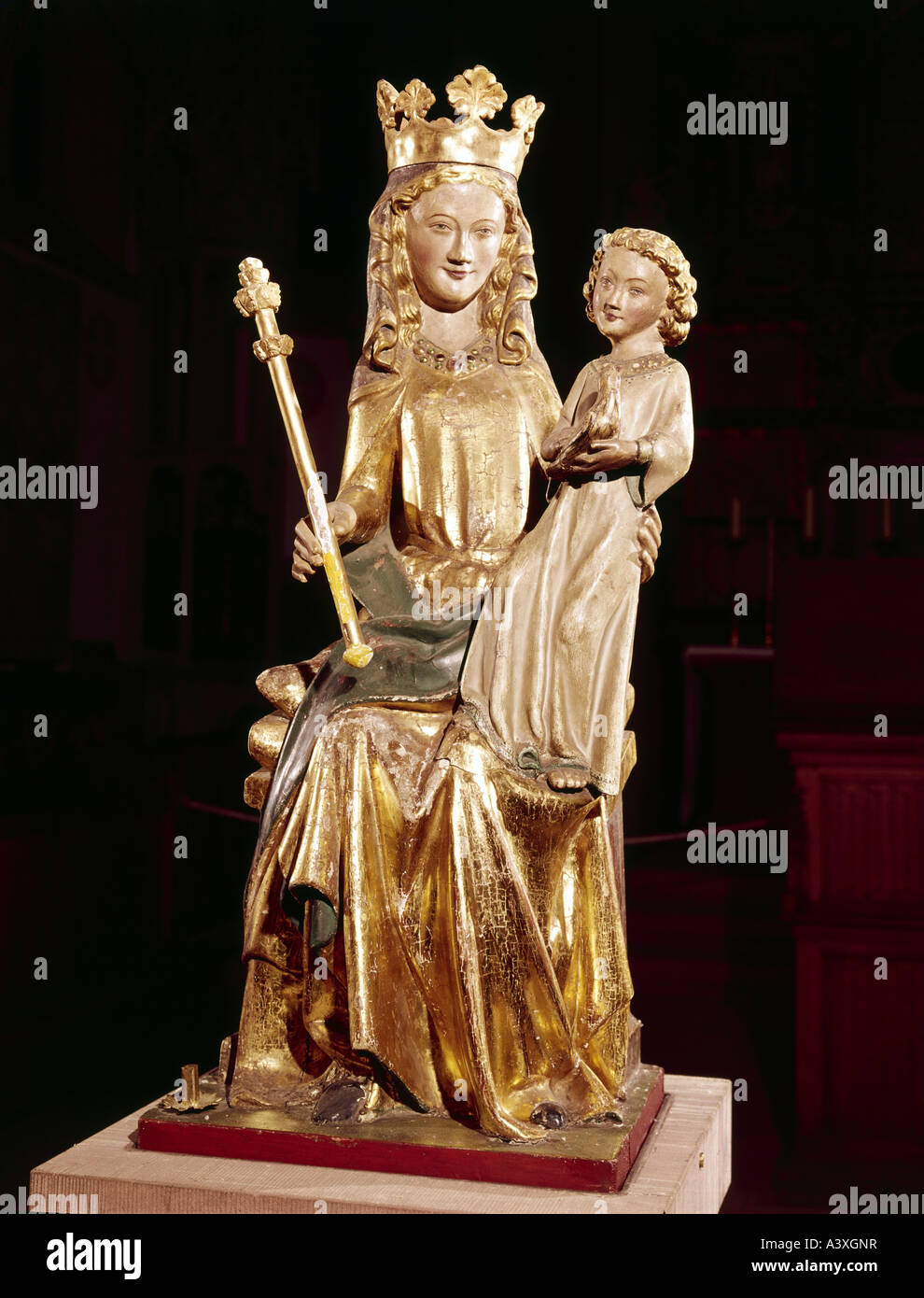 Bildende Kunst, Sankt Maria mit Jesuskind, Madonna von Kiedrich, Skulptur, ca. 1330-1350, Holz, Kiedrich Pfarrei Kirche, religio Stockfoto