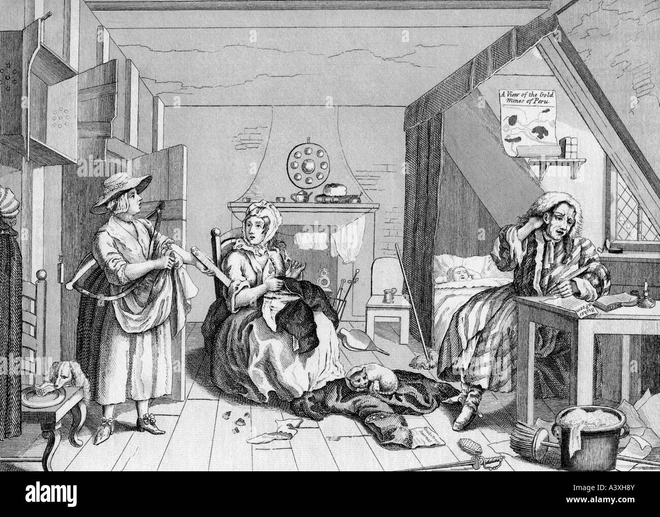 "Hogarth, William, 10.11.1697 - 16.10.1764, englischer Maler und Kupferstecher, Werke,"The Distressed Poet", 1736, feine Gravur eines Stockfoto