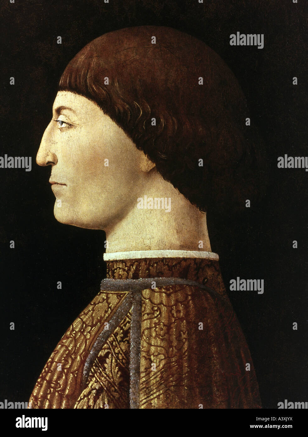 Malatesta, Sigismondo, 1417 - 9.10.1468, Herr von Rimini, Fano und Cesena 1432-1468, Portrait, Seitenansicht, Gemälde von Piero del Stockfoto
