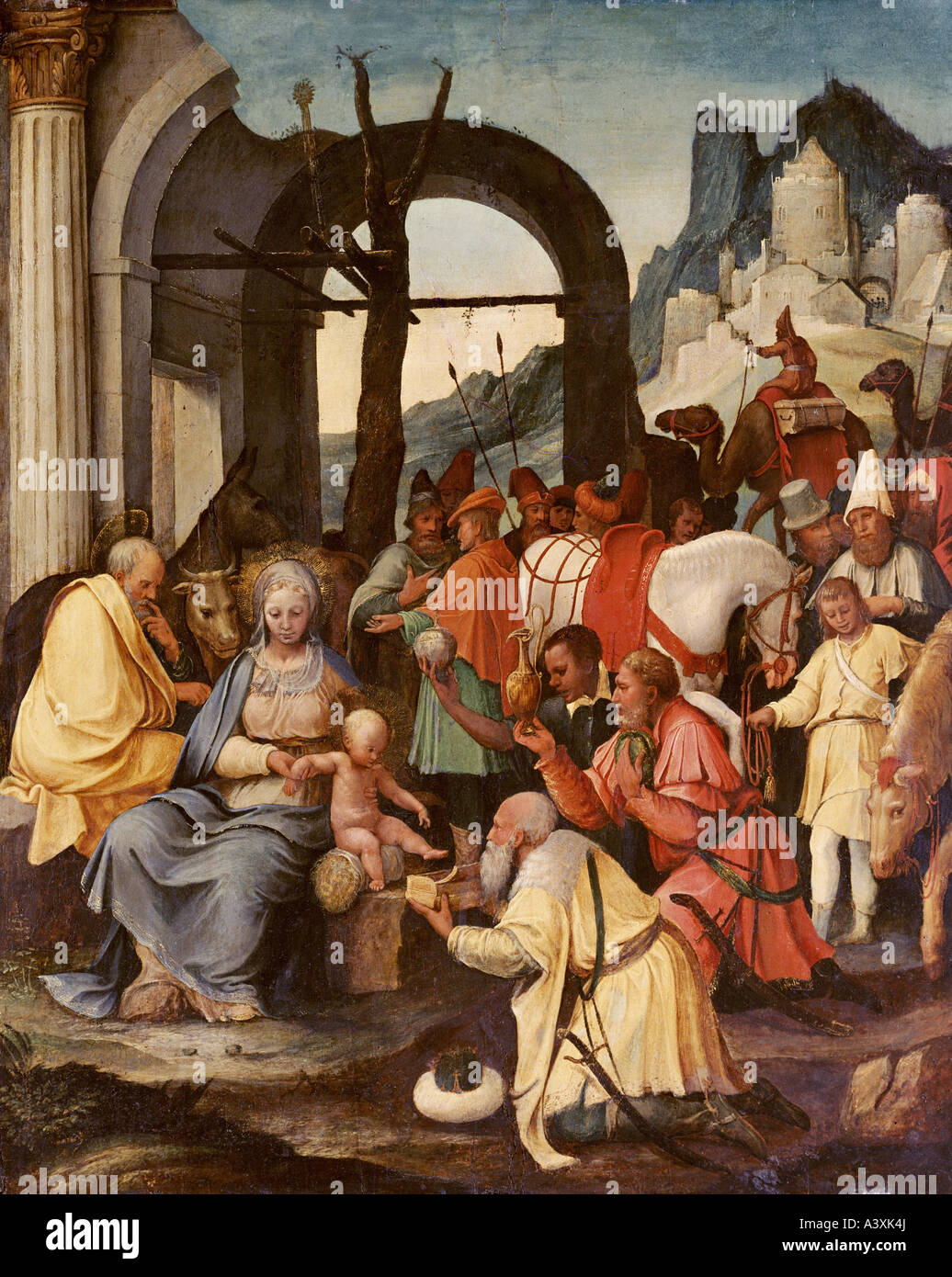 "Bildende Kunst, Girolamo da Treviso, (1498-1544), Malerei,"Anbetung der Könige", Stadtmuseum, Treviso, historisch, Histor Stockfoto