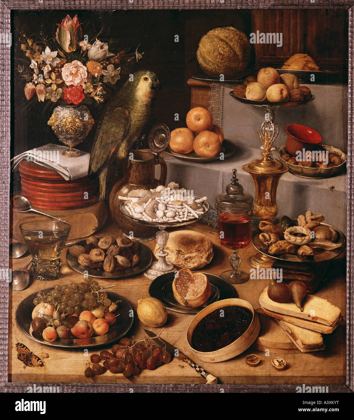 "Bildende Kunst, Flegel, Georg (ca. 1566-1638), Malerei,"Grosses Schauessen"("Stillleben mit Papagei"), Öl auf Kupfer, 7 Stockfoto