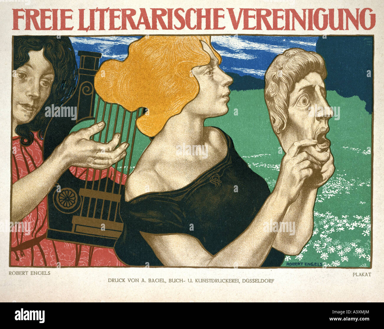 "Fine Arts, Engels, Robert, (1866-1926), Grafik, Plakat für"Freie literarischen Vereinigung", gedruckt von A.Bagels, Düsseld Stockfoto