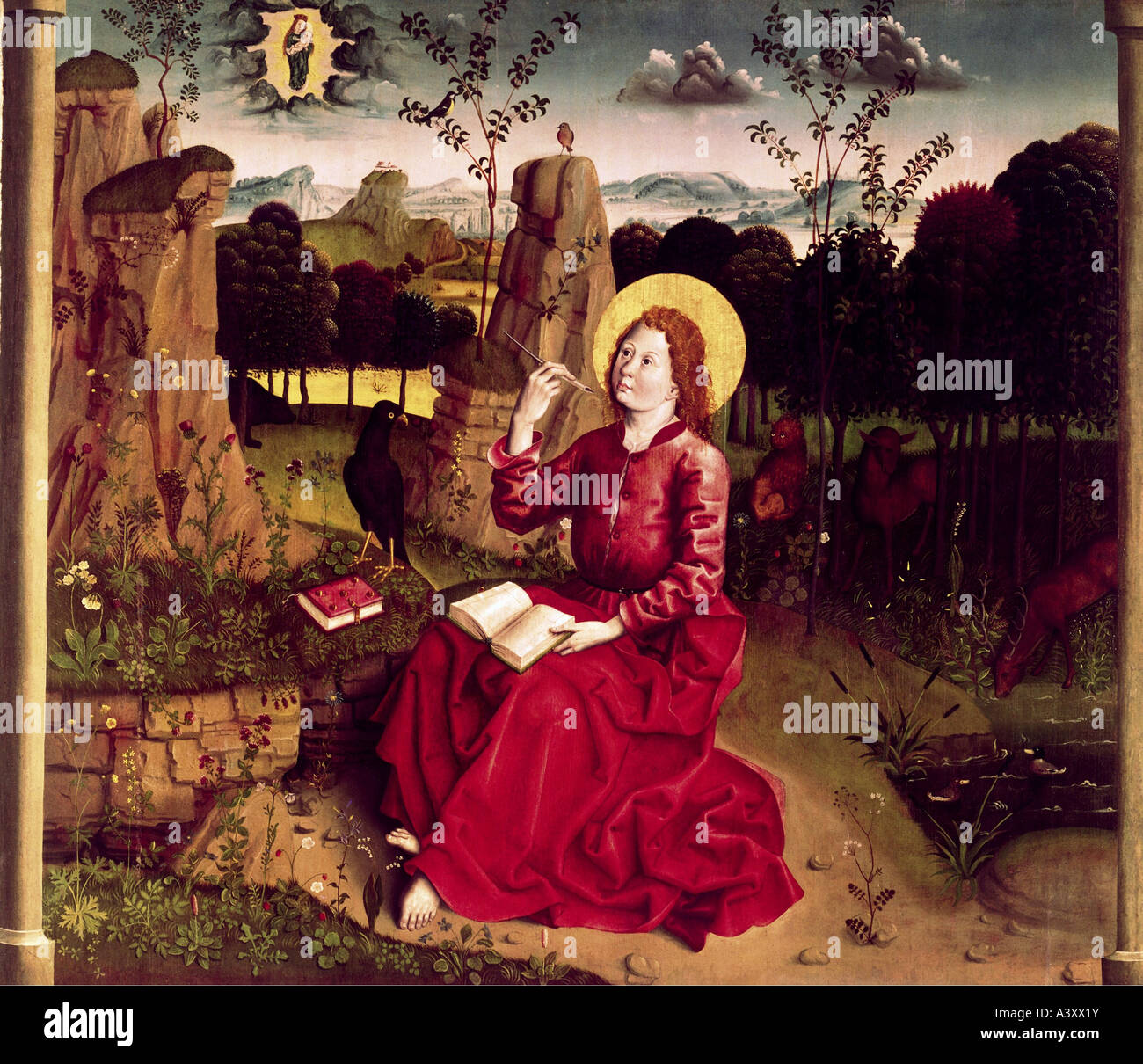 Bildende Kunst, sakrale Kunst, Heiligen, Johannes der Apostel, auf Patmos, Malerei, Meister des Altars von Rohrdorf, ca. 15. Jahrhundert, Staat Stockfoto