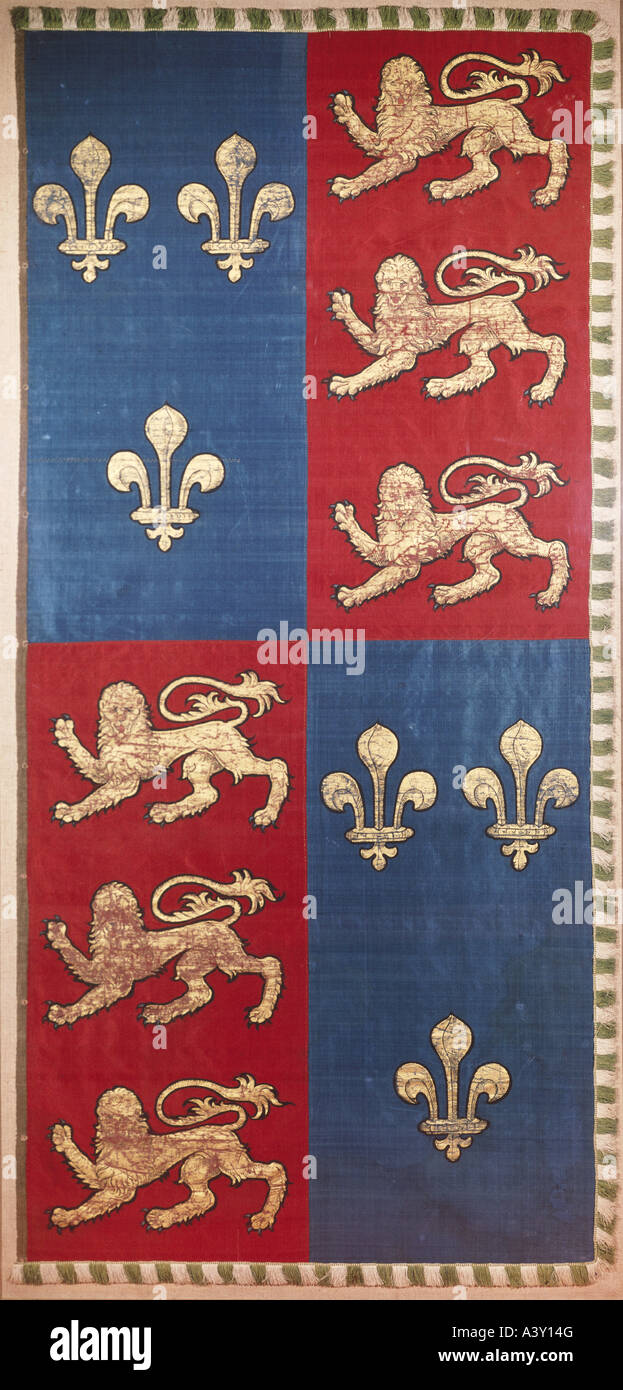 Heraldik, Fahne/Banner, Flaggen des Flaggschiffes, Schiff von Sir Francis Drake, Stadtmuseum, Plymouth, Emblem, Frankreich, England, 16. Jahrhundert, Löwe, Löwen, Tier, Tiere, Großbritannien, Französisch, Lilie, Lilien, Viertel, historisch, historisch, Stockfoto