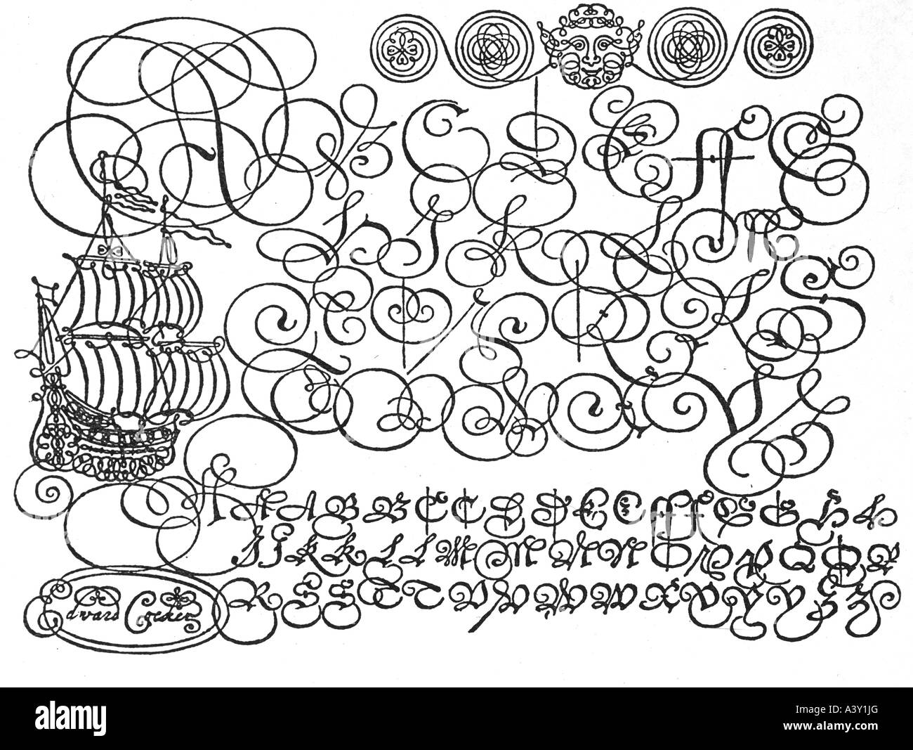 Schrift, Alphabet, ipen-zeichenalphabet, Gravur durch Edward Cocker, aus 'The Pen's Transcendience', London, Großbritannen, 1657, Stockfoto