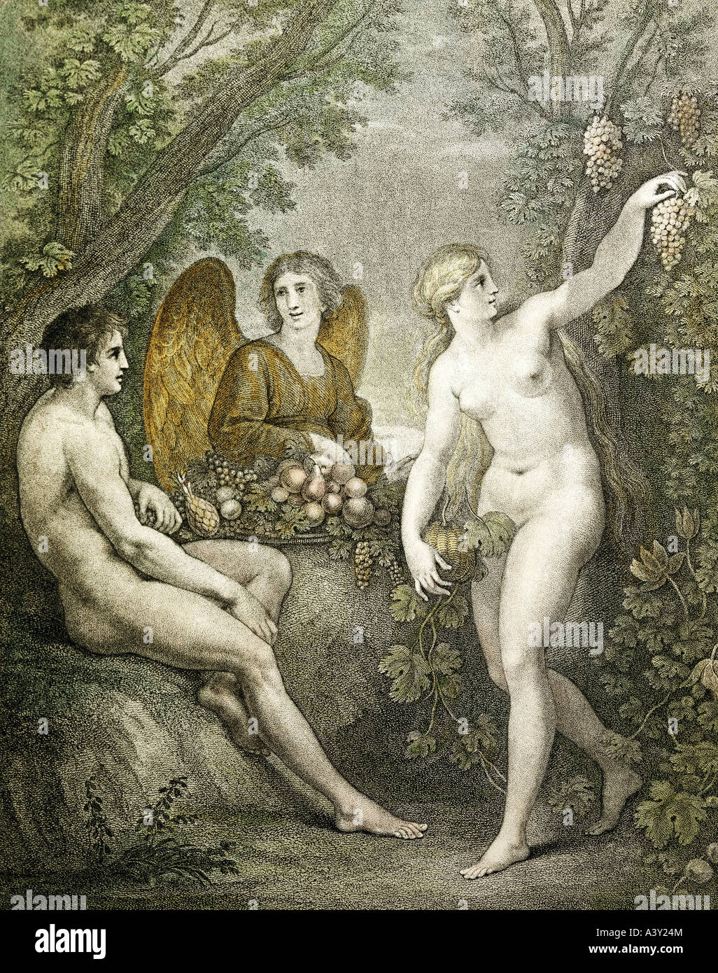 "Bildende Kunst, religiöse Kunst, 'Adam und Eva unterhaltsam Erzengel Gabriel', Gravur mit Aquatinta von Francesco Bartolozzi (17 Stockfoto